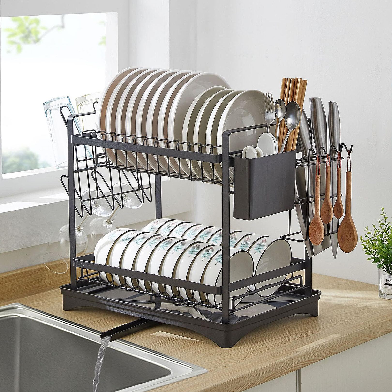 TYUHDUYUR Dish Rack, Dish Drying Rack with Drainboard Set 2-Tier Dish Drainer Black Rt-Proof Dish Rack for Kitchen Counter