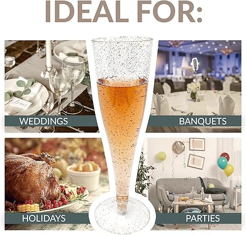 Miniatura 5 de Reli. Copas de champán de plástico Paquete de 100 4.5 onzas Purpurina dorada Copas de champán de plástico premium Fiesta perfecta para