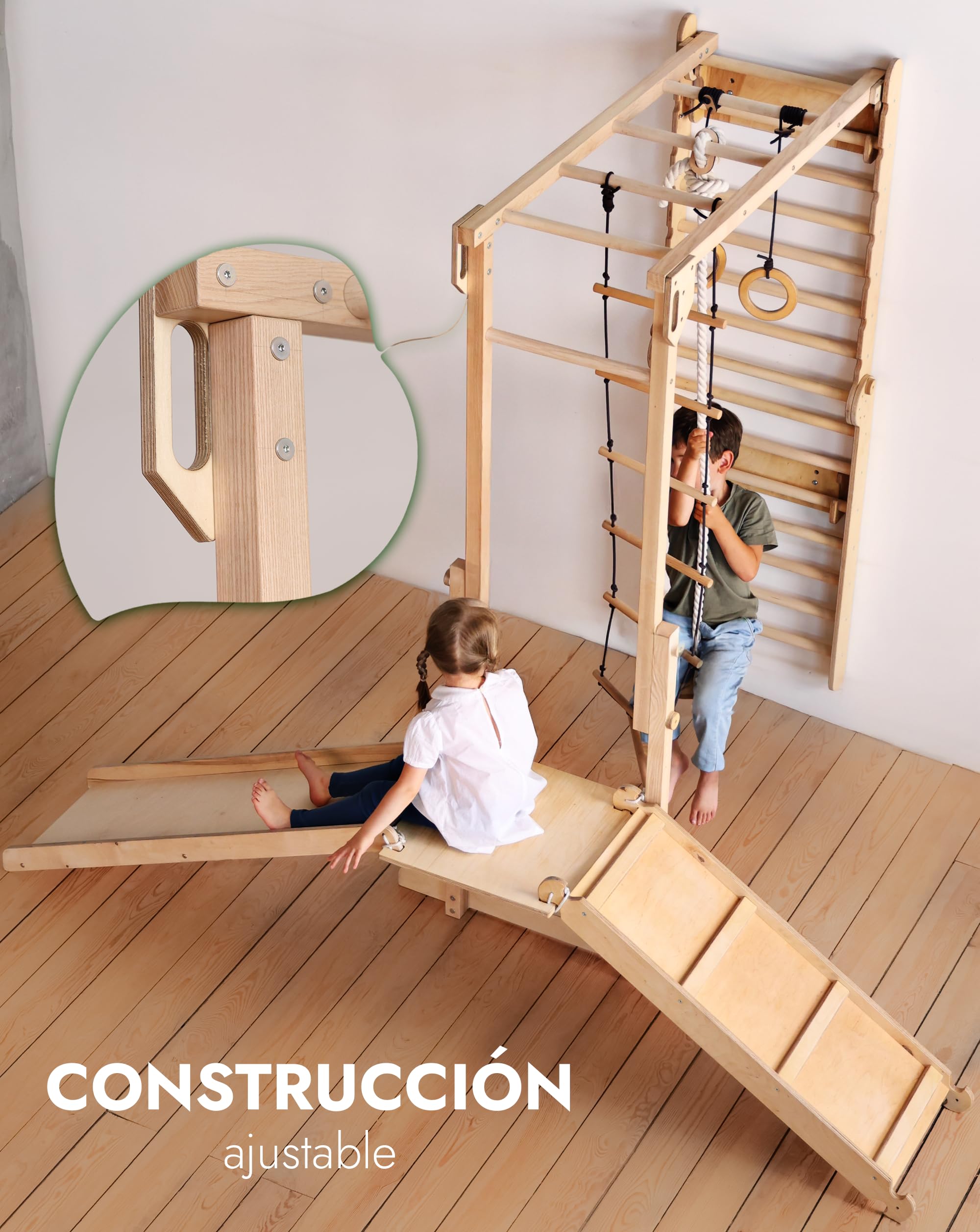 Juego de Escalada de Madera 9 en 1 para niños, Inspirado en Montessori, con Barra de Barras, Barra de dominadas, Anillos, Columpios, Escalera, Tabla de Escalada, tobogán y Plataforma
