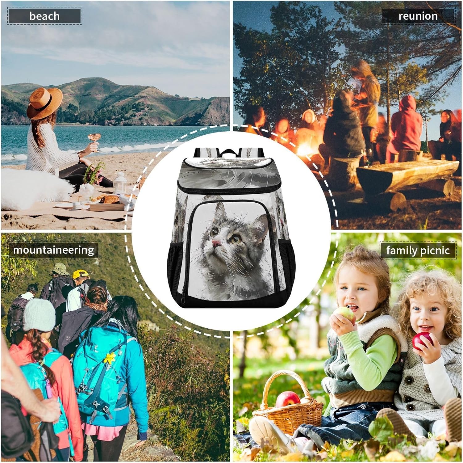 Watercolor Cat Cooler Backpack 36 Cans Leakproof Waterproof Backpack Cooler Bag Beach Accessories for Women and Men Travel Camping Fishing Backpack
