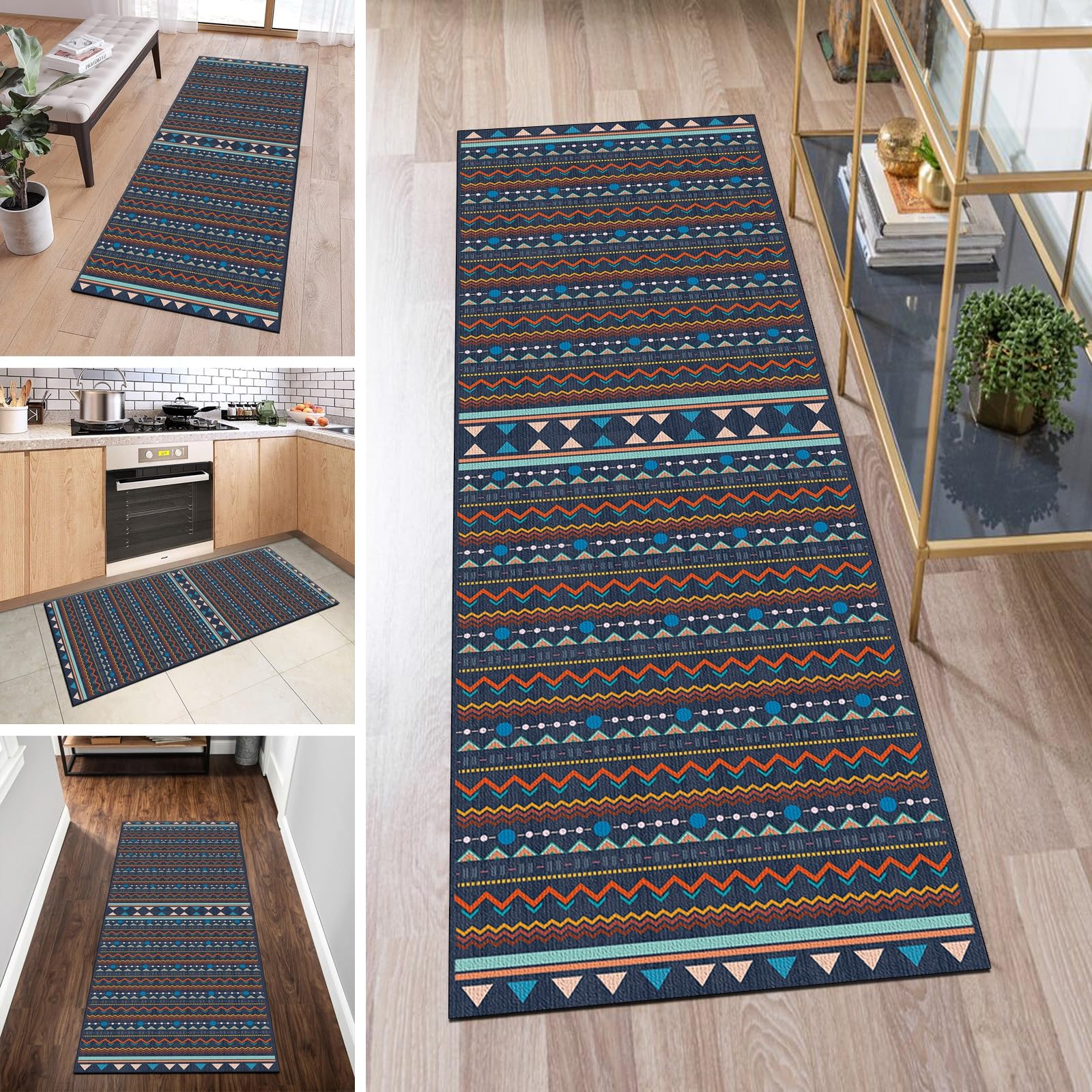 Tappeto Runner Boho A Scacchi 6x1,8m – Antiscivolo, Lavabile In Lavatrice, Per Corridoio, Cucina, Ingresso, Beige E Arancione