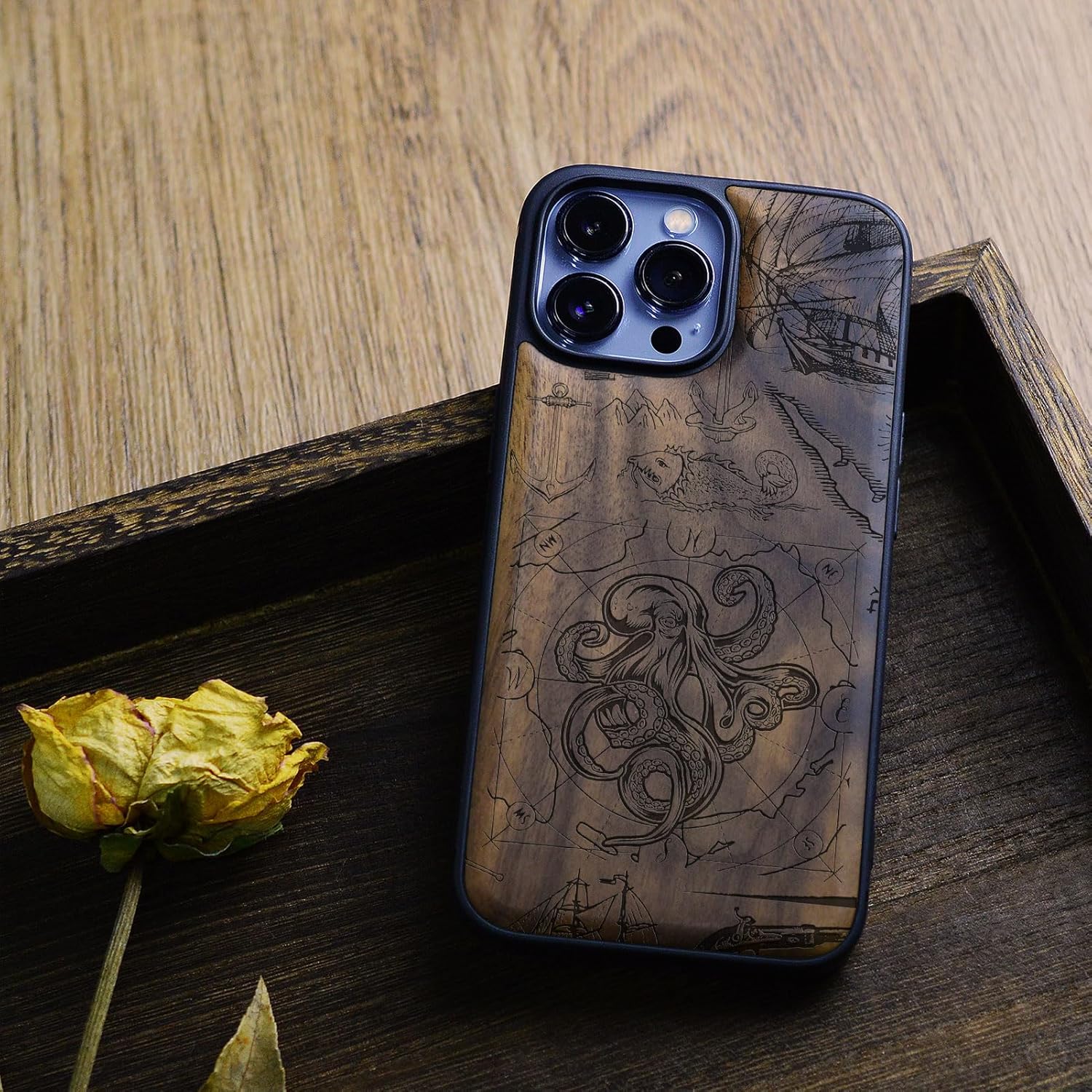 Carveit Magnetic Wood Case for iPhone 13 Pro Max [Natural Wood & Black Soft TPU] Unique Wooden Shockproof Protective Cover Compatible with magsafe (Deep Sea Octopus -Walnut)