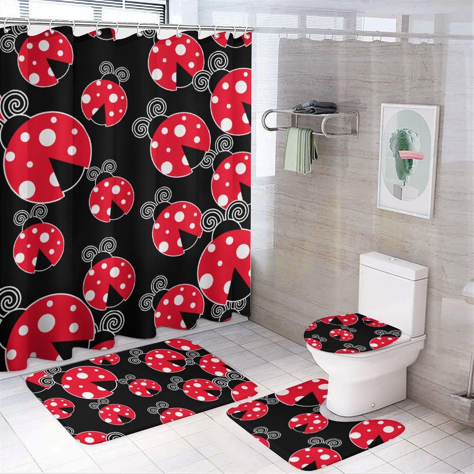 CGSBNGHA Ladybug Shower Curtain Set 4 Piece Bathroom Sets with Rugs Toilet Lid Cover And U-Shaped Floor Mat