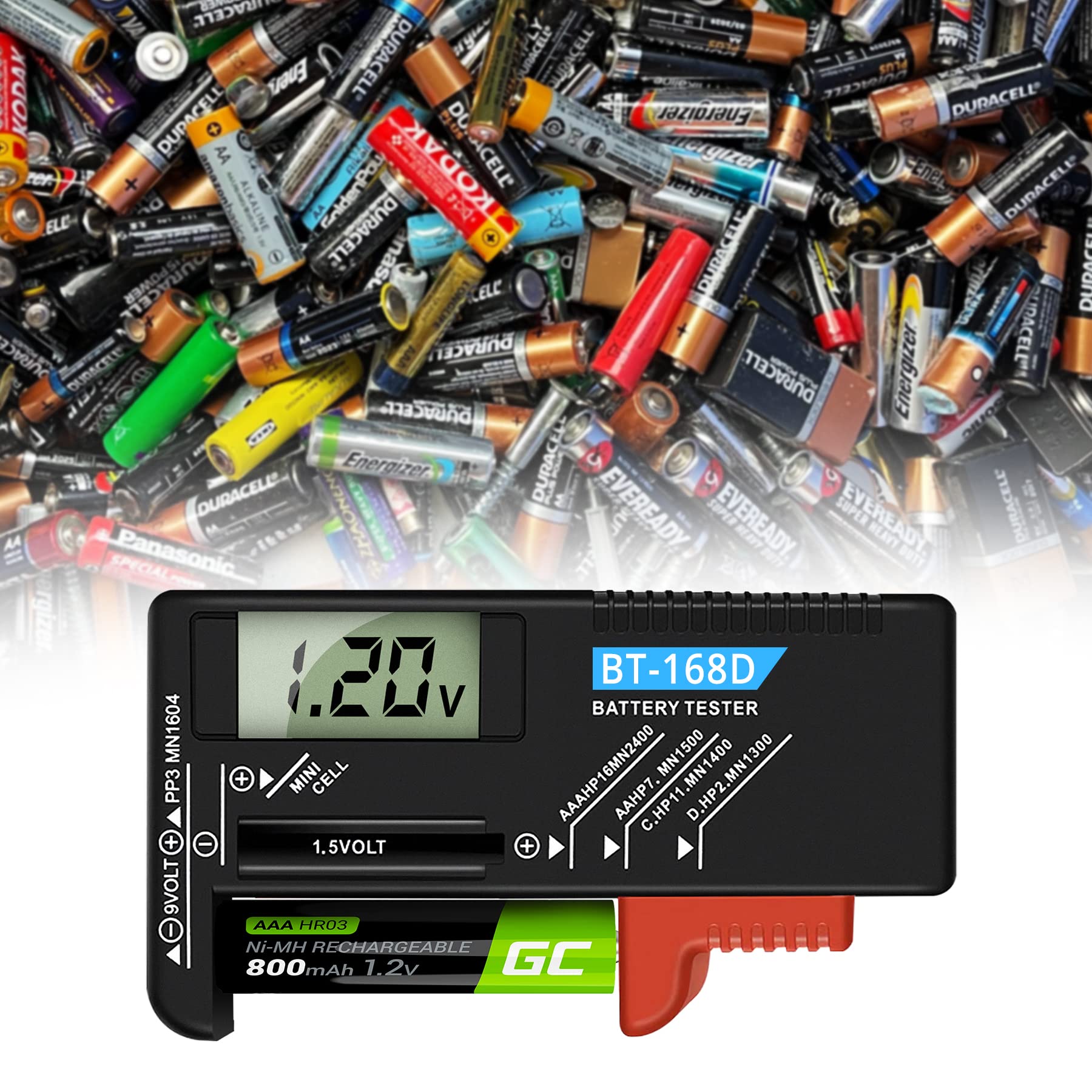 Retoo Cyfrowy tester baterii AAA, AA, CR, przycisk 1,5 V, 3,7 V, 9 V, wskaźnik naładowania/woltu, sprawdzania i miernika