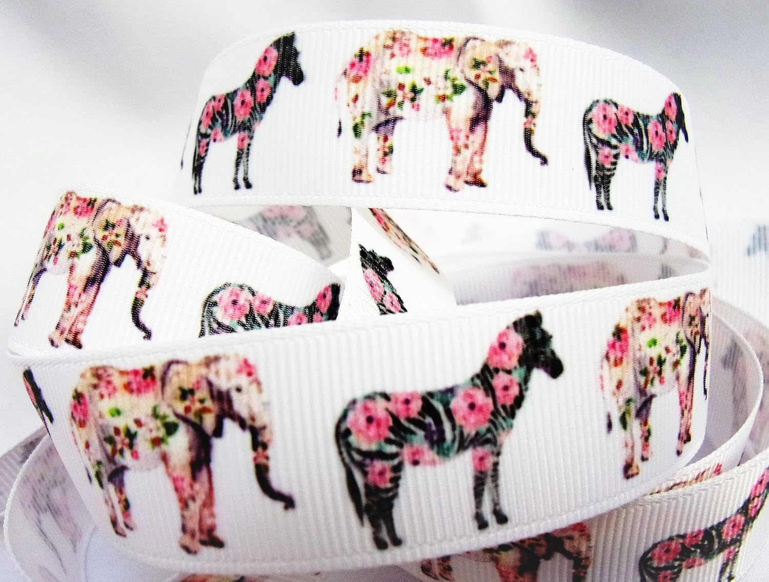 Grosgrain Ribbon ~ Floral Horse & Elephant Print ~ 7/8 Wide - 10 Yards - for Hair Bows and Crafts!