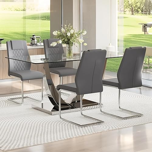 Miniatura 9 de AZmac Juego de mesa de comedor moderno de 63 pulgadas para 4, juego de comedor blanco para 4, mesa de cocina de vidrio templado y sillas de piel