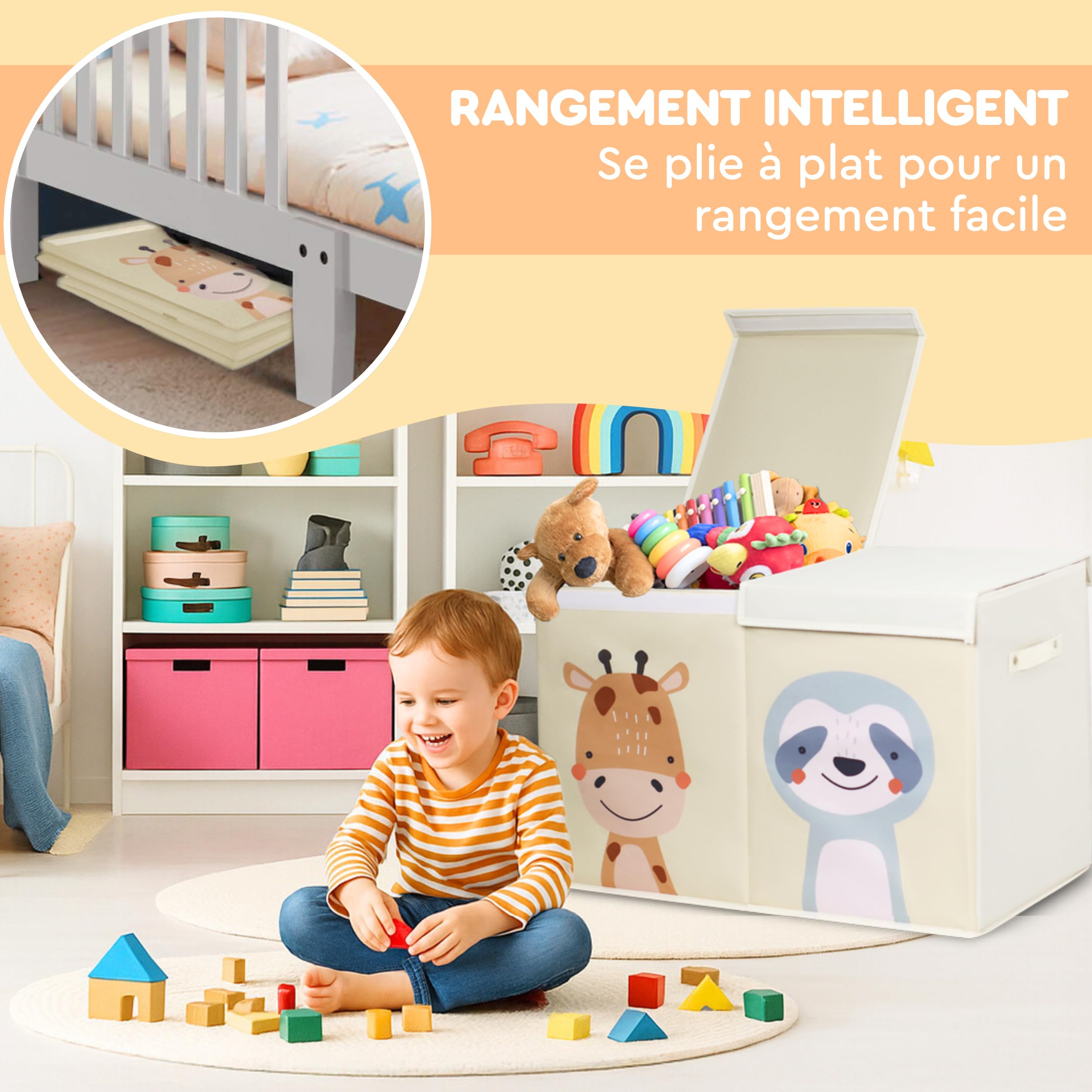 Boîte de Rangement pour Jouets pour Enfant Pliable Beige, 78 Litres et Double Couvercle. Coffre de Rangement Enfant en Tissu Oxford. Grand Coffre, Bac ou Caisse. Ne Convient pas pour S’asseoir