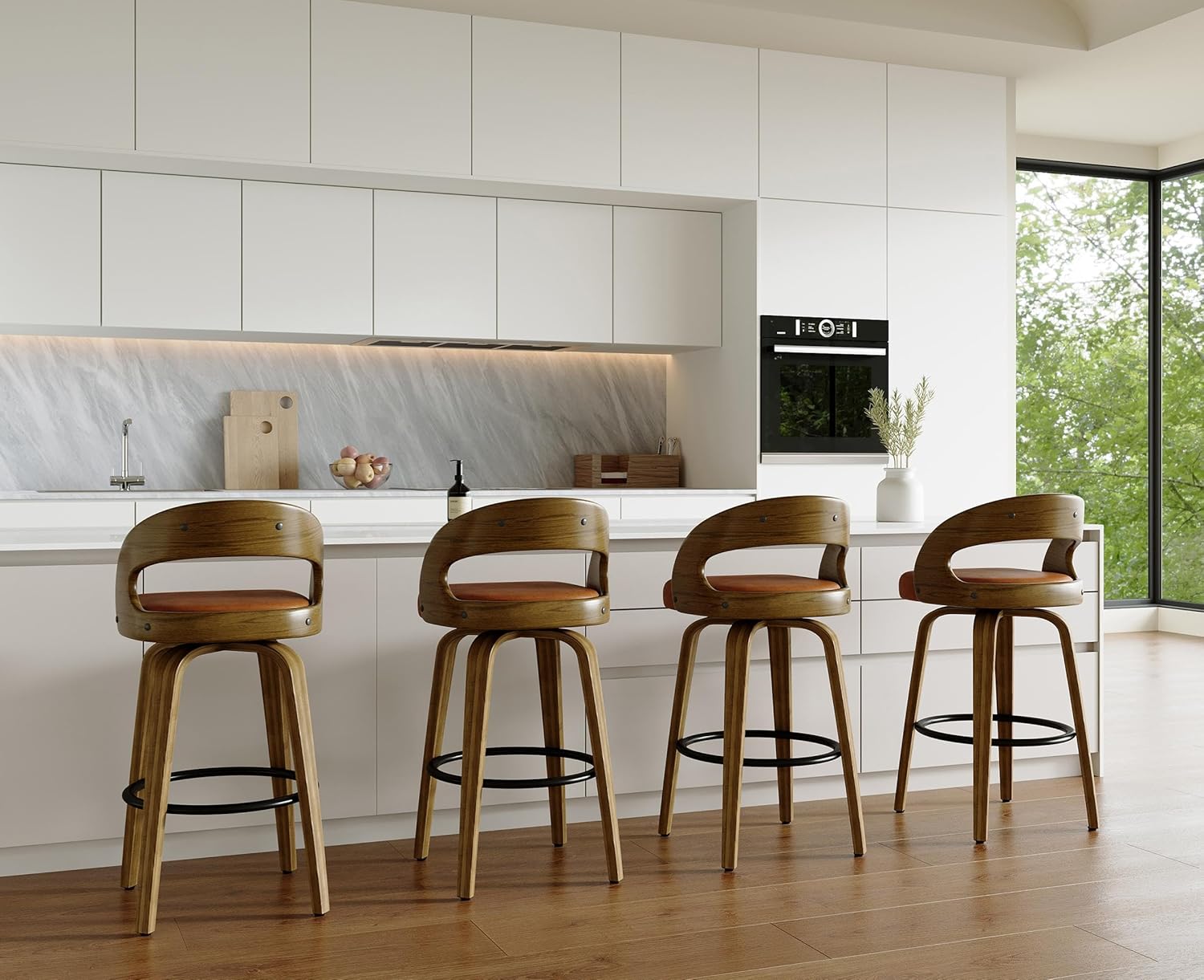 26" Bar Stools Set of 4 Swivel Counter Height Stools Bar Chairs Faux Leather Bar Stool with Backrest & Solid Wood Legs & Wrap-Around Footrest, Counter Stools for Kitchen Island Saddle Brown