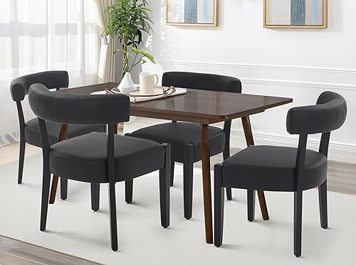 Miniatura 2 de Juego de 4 sillas de comedor negras, modernas sillas de cocina y comedor de piel sintética, sillas de comedor tapizadas de madera de mediados de