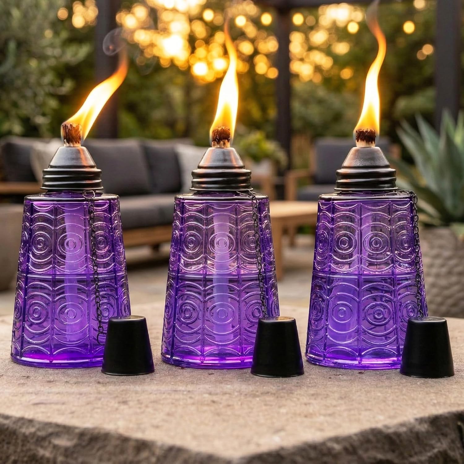 Seraphic Citronella Table Top Torches for Outdoor Patio, 16oz Decorative Glass Torch Citronella Candles for Outside Deck, Garden, Parties, Set of 3, Purple