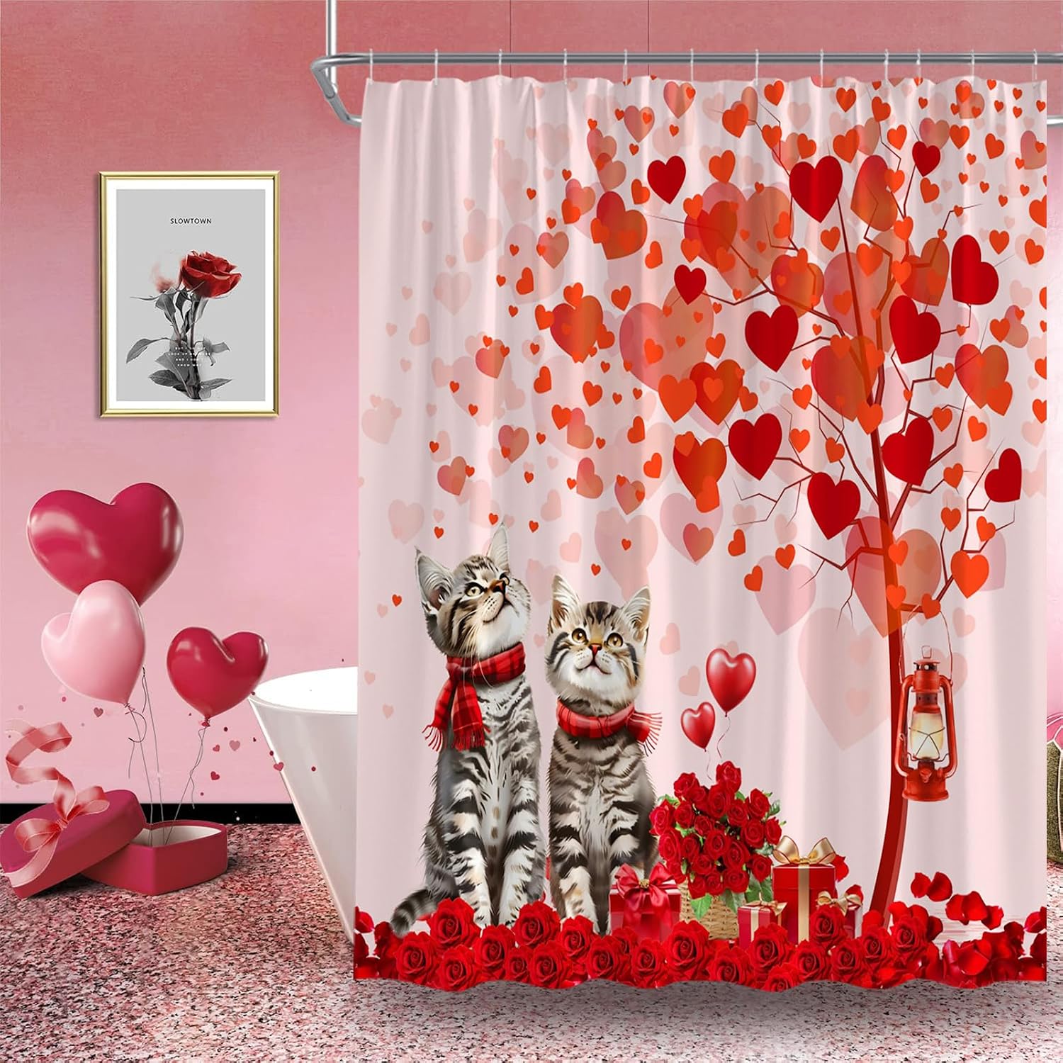 Valentine's Cat Shower Curtain Red Pink Romantic Heart Tree Cute Animal Kitten Rose Flower Funny Lovely Modern Creative 70" WX70 H Bathroom Fabric Curtain with Hooks image 2