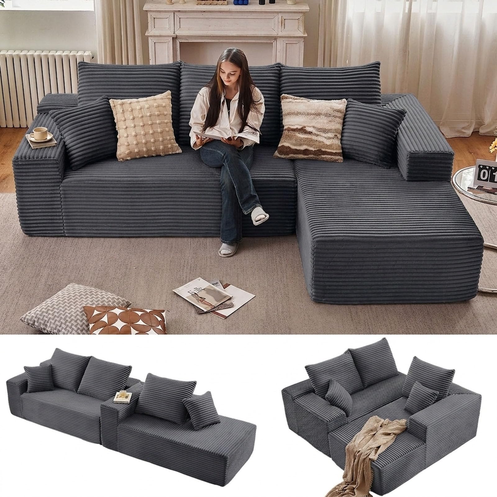 Sectional Couches for Living Room Cloud Couch Sofa with L-Shape Couch in a Box Upholstered Boneless Couchs Modern Modular Sectional Couch with Chaise (Dark Grey,B-3 Seater-Right-Facing Chaise-96inch)