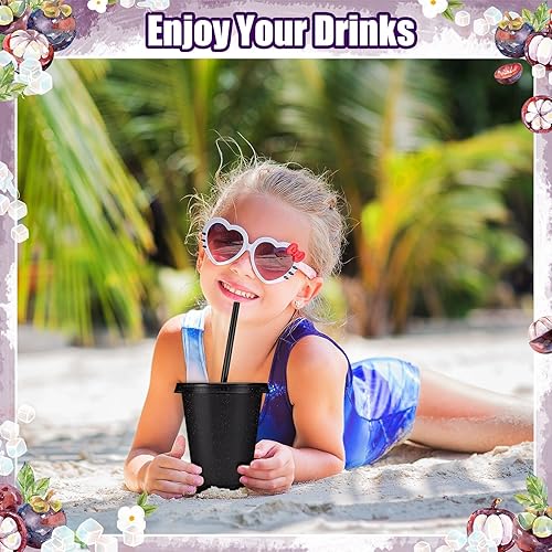 Vista 41 de 24 vasos de plástico con tapas y pajitas, vasos reutilizables con tapas, vasos coloridos de plástico para fiestas de cumpleaños, taza de café