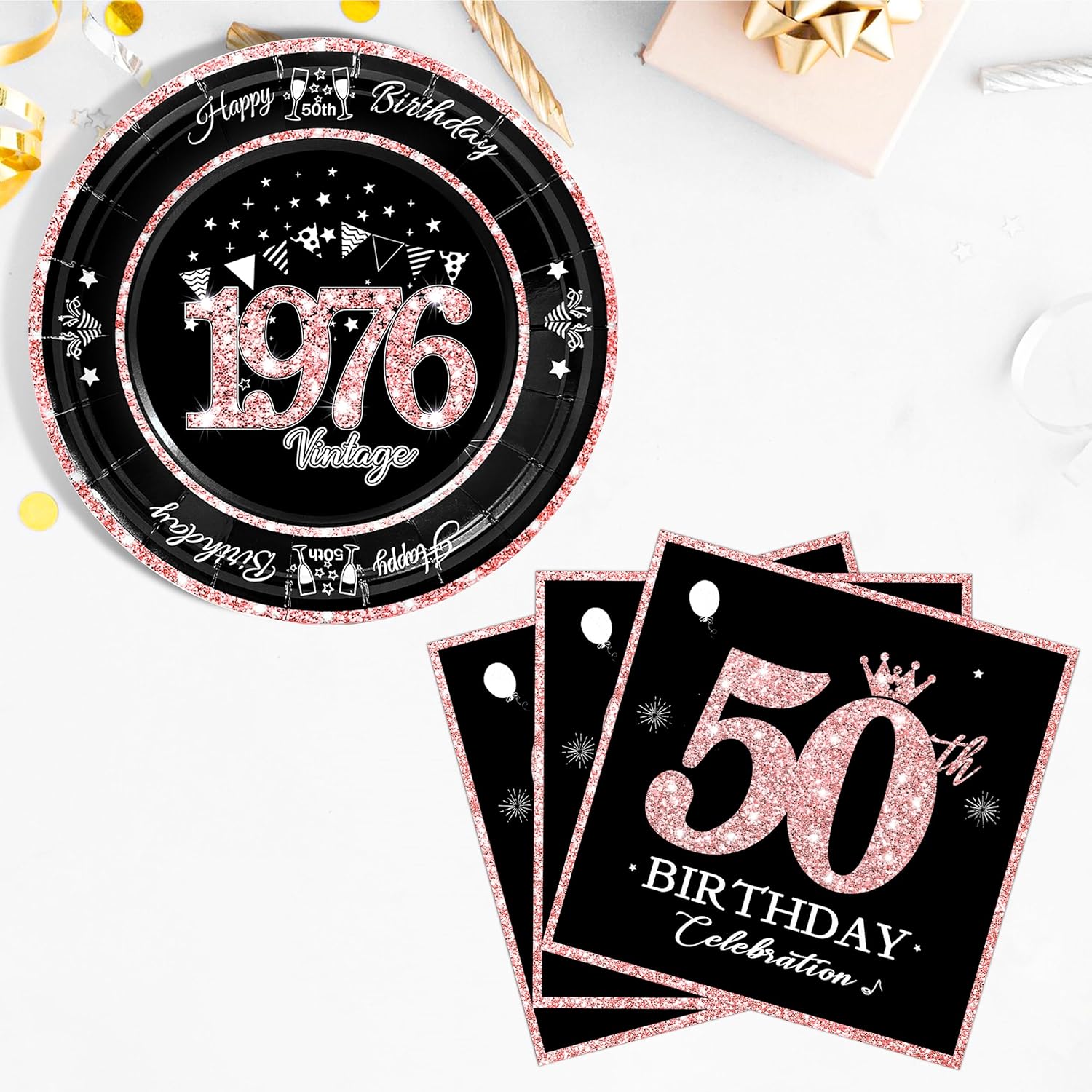 60 PCS Vintage 50th Birthday Plates and Napkins Set, 50th Birthday Decorations Rose Gold, Service for 30, 1976 Birthday Dessert Plates and Napkins Party Supplies for Women - Image 6