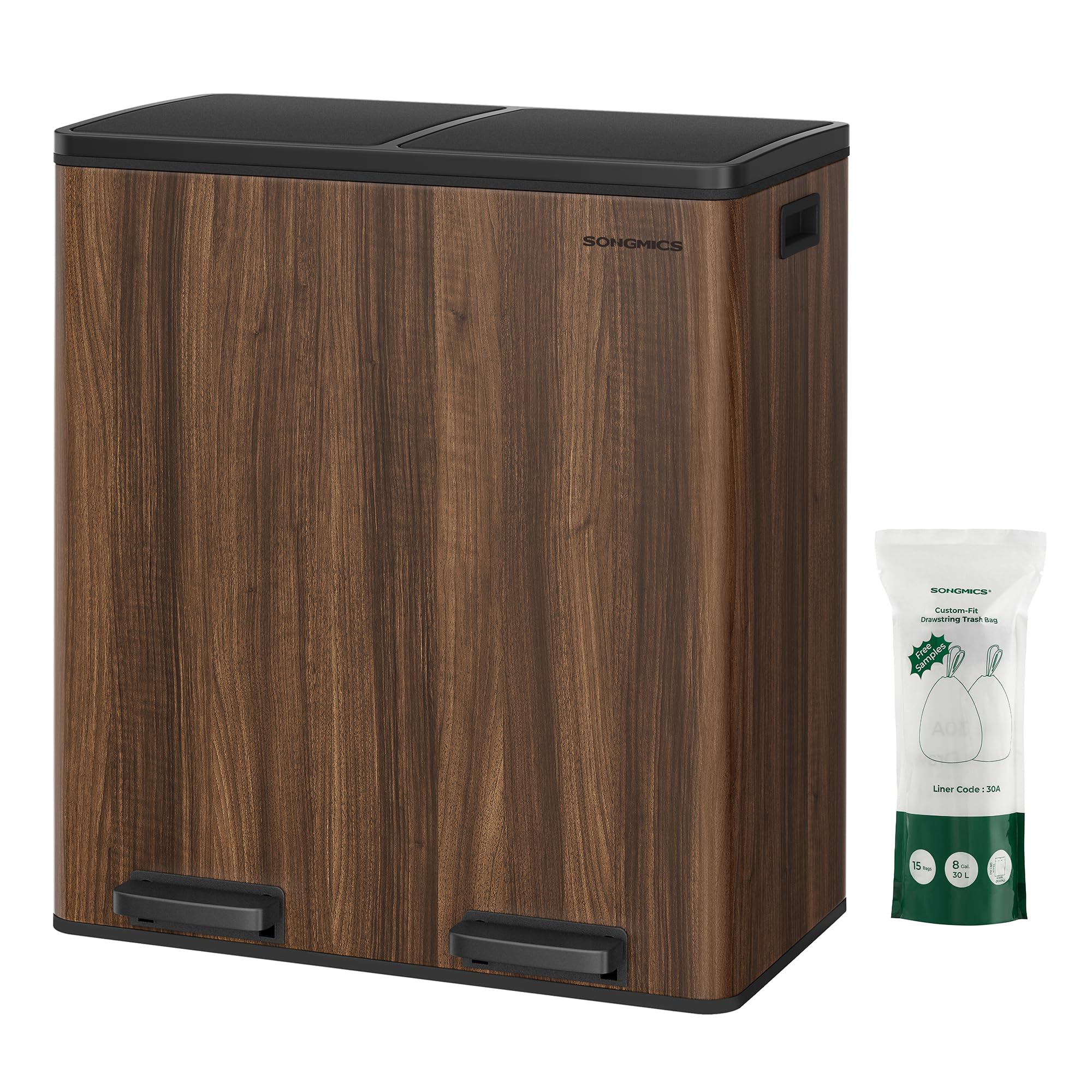SONGMICS Mülleimer, 2 x 30 Liter, 2 Fächer, Mülltrennsystem, Treteimer, Abfalleimer Küche, 15 Müllsäcke, Metall, Inneneimer aus Kunststoff, Klappdeckel, Softclose, dunkelwalnussfarben LTB060N02