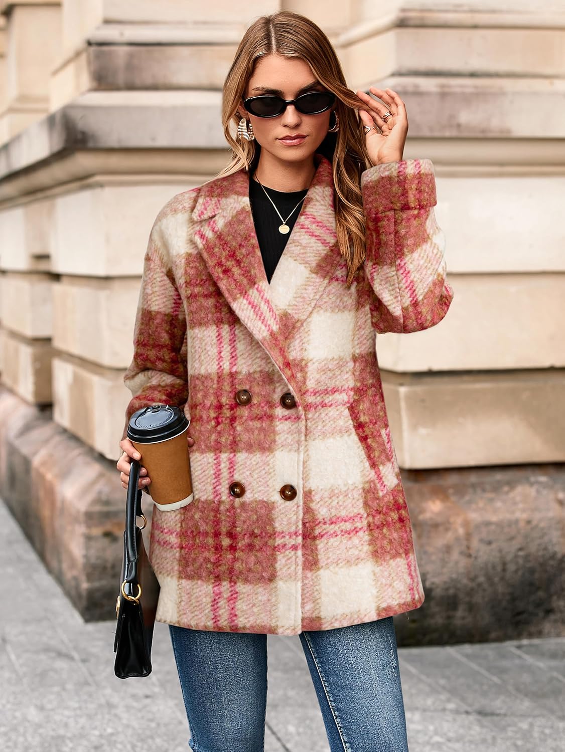 Glamaker Womens Winter Lapel Collar Plaid Jacket Double Breasted Work Pea Coat Jackets Casual Trendy - Image 5