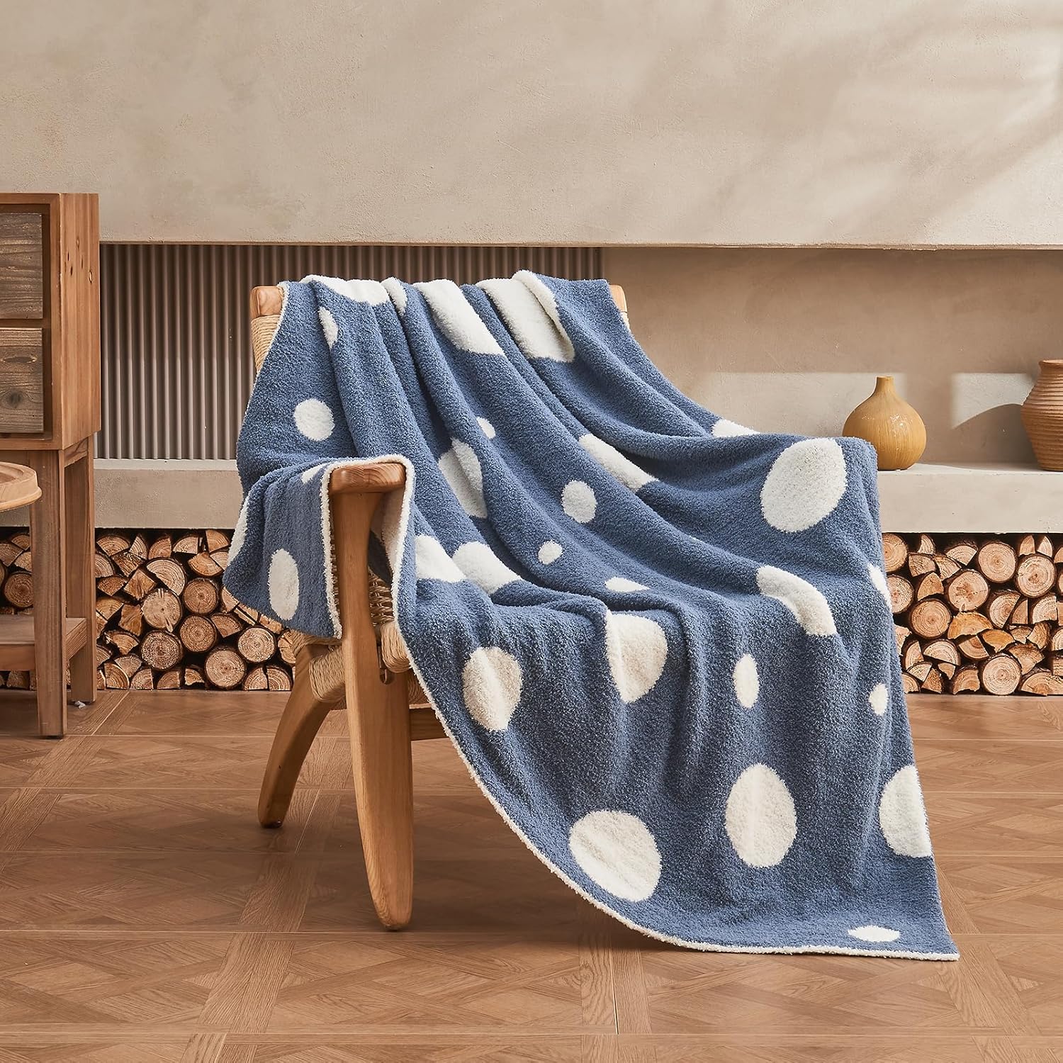 Douceur Polka Dot Throw Blanket for Couch Sofa Bed, Reversible Cozy Fluffy Super Soft Bedroom Blanket, Plush Dusty Blue Throw Blanket, 60×80 inches