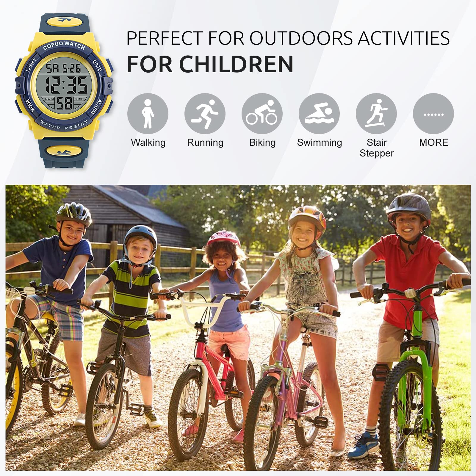 cofuo Orologio sportivo digitale per bambini e ragazzi, impermeabile, casual, elettronico, al quarzo, 7 LED colorati, con sveglia, cronometro, cinturino in silicone luminoso