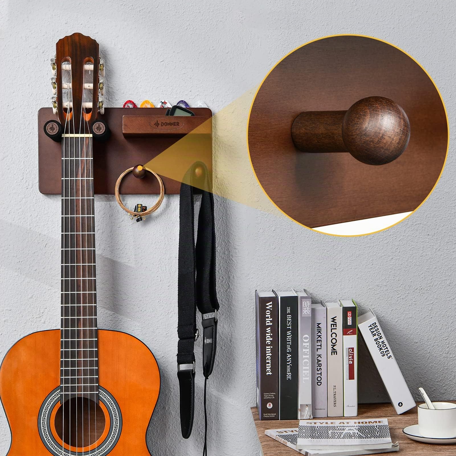 Donner Supporto Chitarra da Parete, Porta Chitarra da Muro Gancio in Legno, Supporto Multifunzionale con Supporto Plettri e 2 Ganci per Ukulele Violino Basso Chitarra elettriche acustica e Accessori
