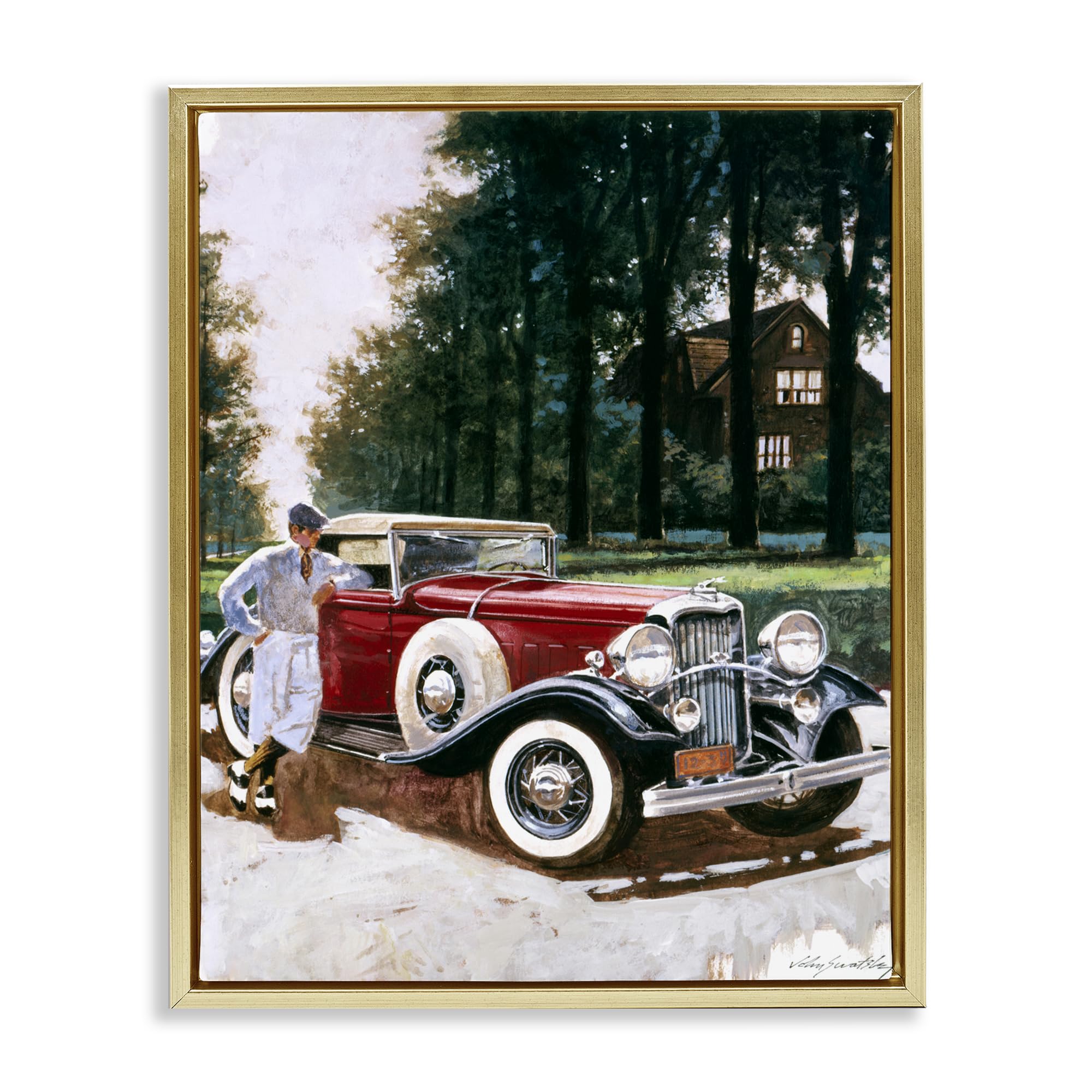 'Retro Convertible Coupe & Driver'| Floating Frame Canvas Art