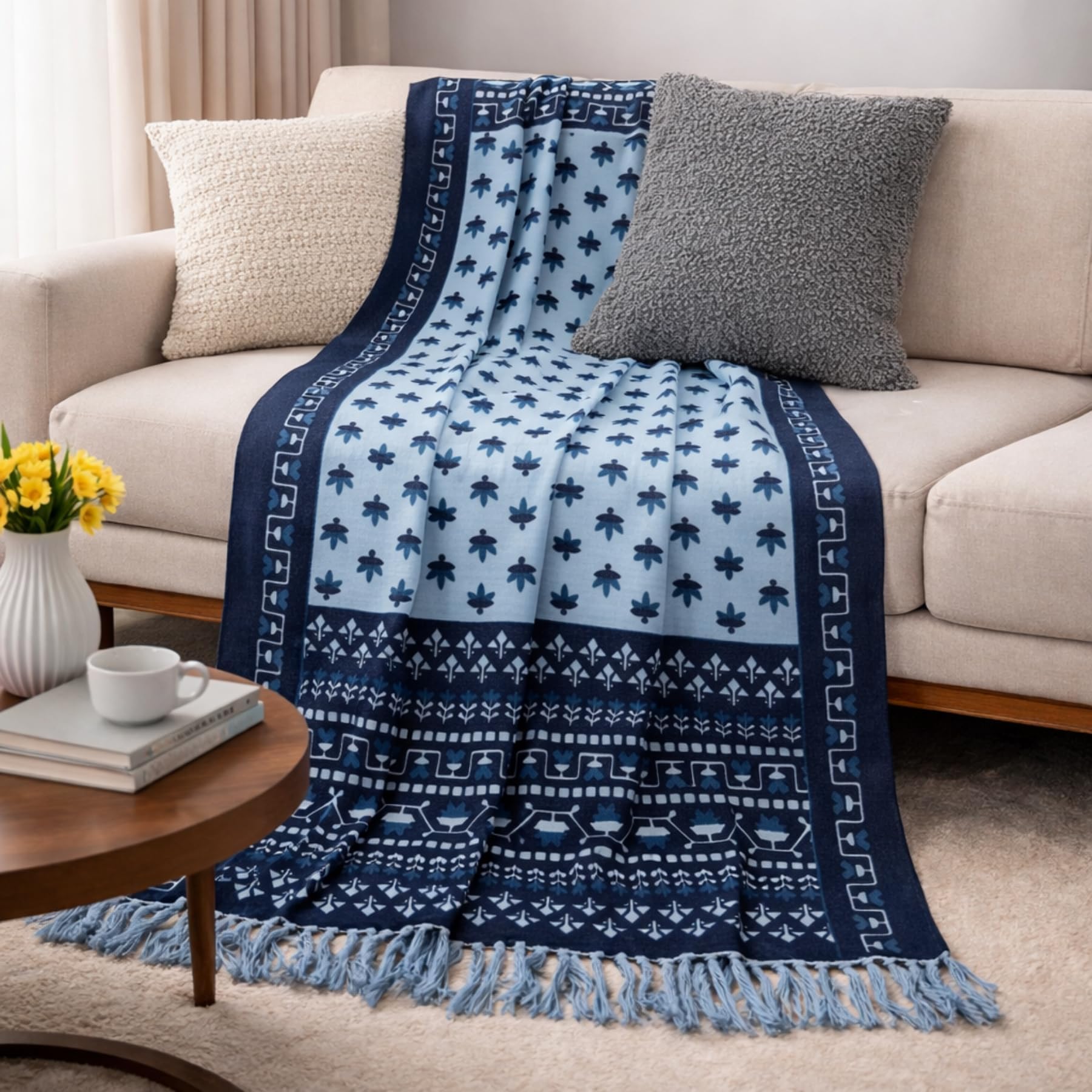 - Pure Cotton Sofa & Bed Throw Blanket | 204 x 260 cm | Self Weaved Eco-Friendly Design with Hand-Tied Tassels | Soft, Breathable & Unisex | Suitable for Bed, Sofa & Couch (Sky Blue)