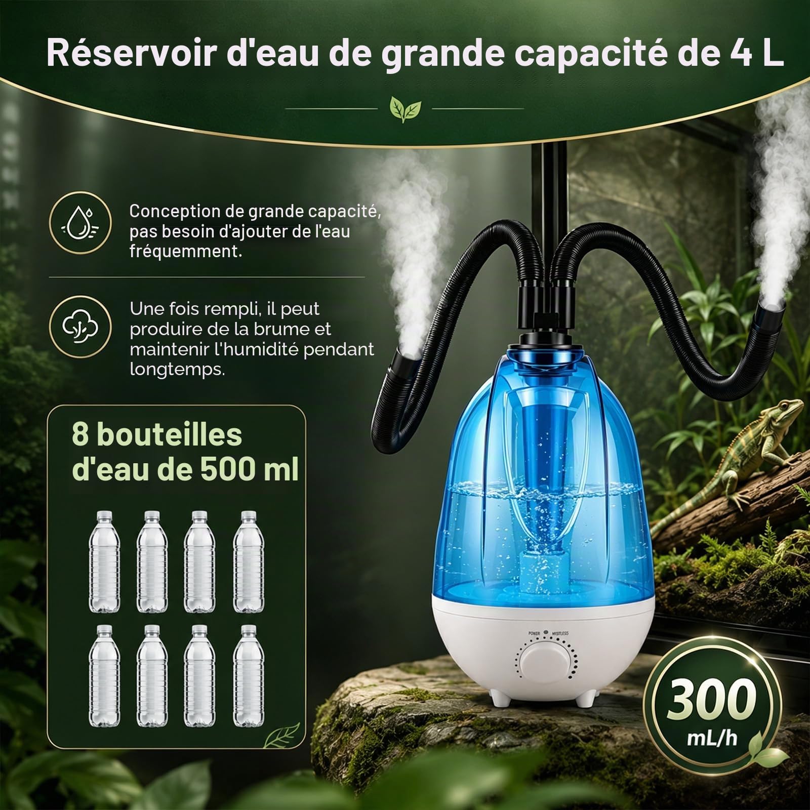Brumisateur Terrarium 4L, Système de Brumisation 300mL/h avec Tuyau Réglable, 7 Couleurs de Veilleuse, Protection Anti-fonctionnement à Sec, Ultrasonique Humidificateur pour Reptiles Double Buse