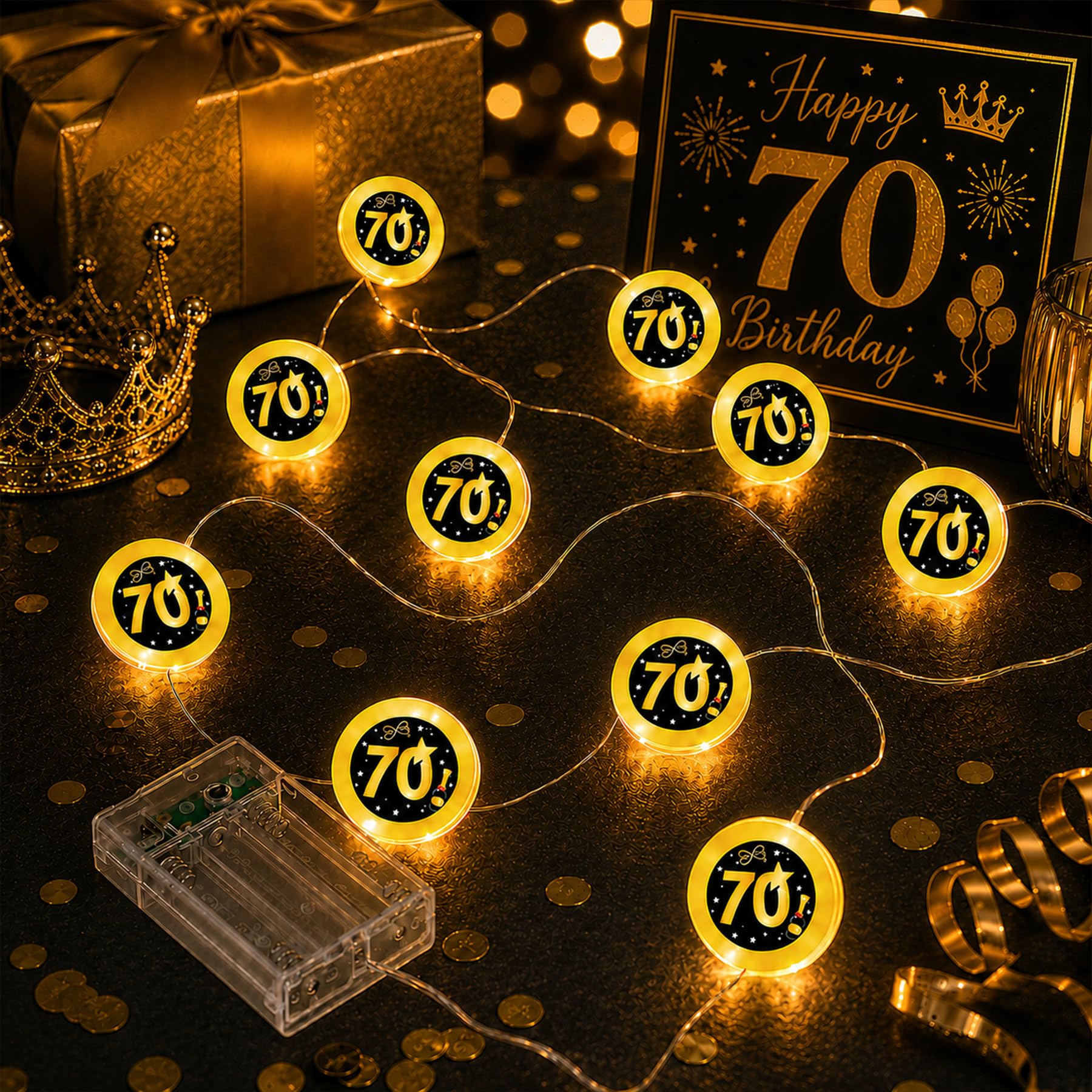 70th Birthday Decoration, 2 m 20 LED Birthday Fairy Lights, Battery Operated, Black Gold LED Fairy Lights in Warmer, 70th Birthday Gift for Women and Men, for Party Bedroom Lighting Decoration — image 1