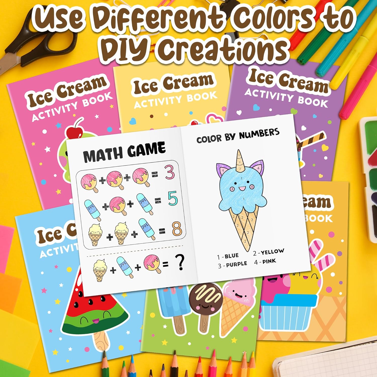 Ice Cream Activity Books for Kids 48Pcs Summer Ice Cream Mini Games Coloring Book Set Bulk Mazes Word Search Word Scramble Games for School Classroom DIY Art Gifts Summer Holiday Party Favors
