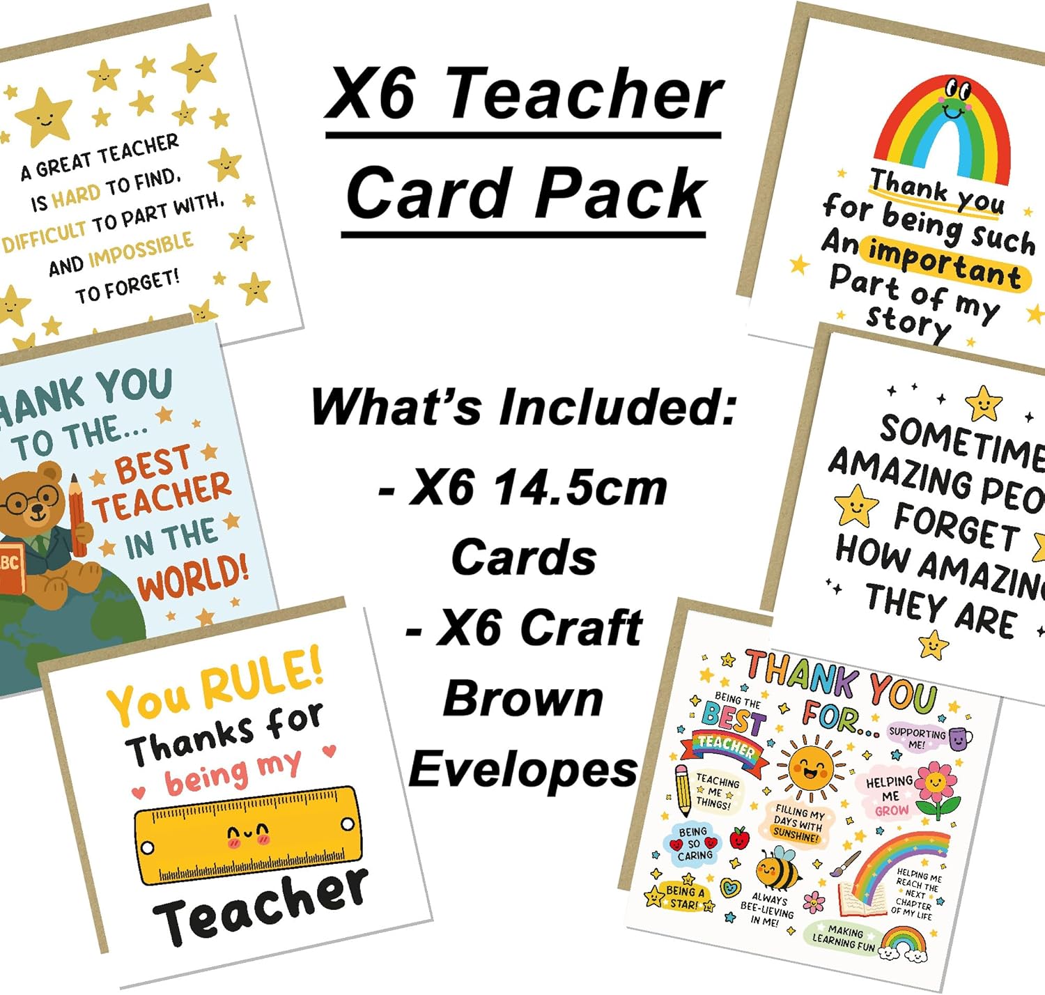 RED OCEAN Thank You Teacher Cards Multipack of 6, Best Teacher Cards, End of Term Leaving School Nursery Card Pack, 145x145mm Card Assortment With Envelopes