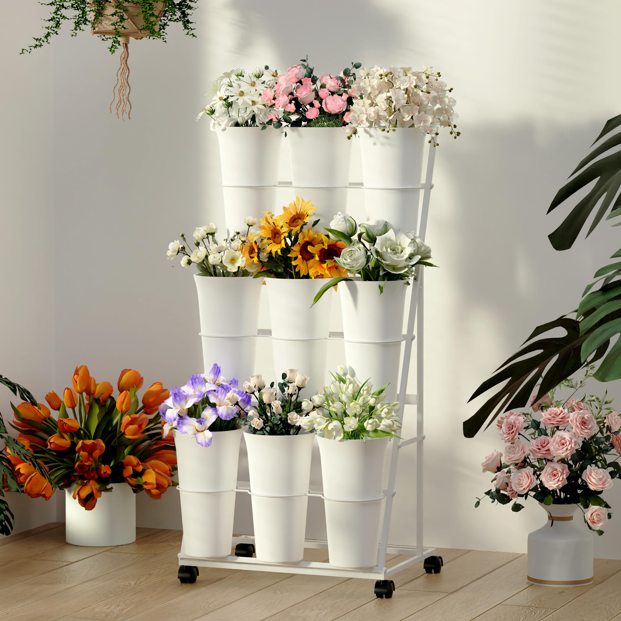 Alyoen Présentoir à fleurs à roulettes avec 9 seaux, présentoir à fleurs métallique à 3 étages, présentoir mobile pour plantes d'intérieur et d'extérieur, mariages, fleuristes, jardin (blanc)