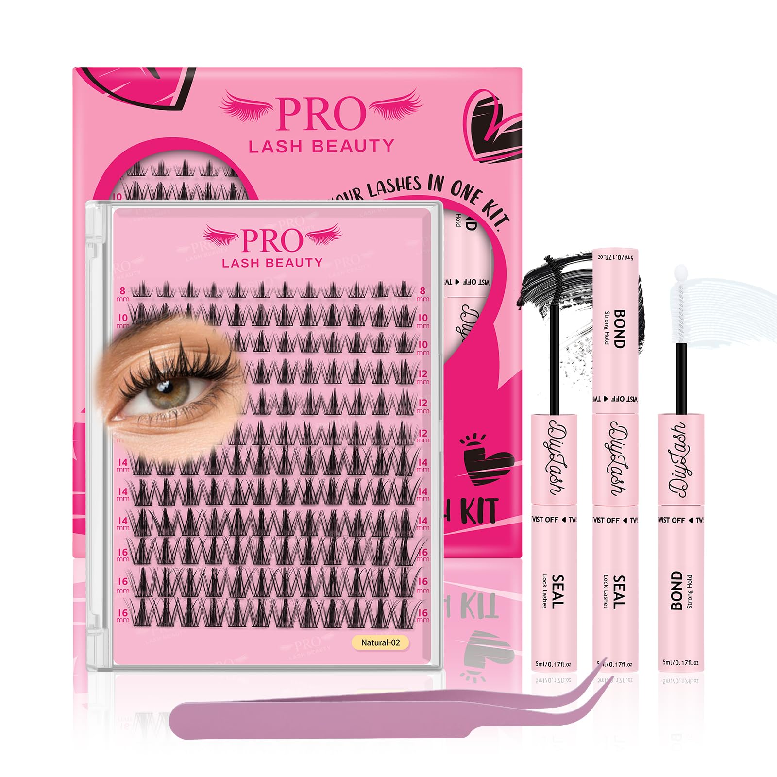DIY Wimpernverlängerung Kit, individuelle Wimpern Kit mit 144 Pcs Cluster Bindung und Siegel, Wimpern Applikator (Natural02-D-8-16mix)