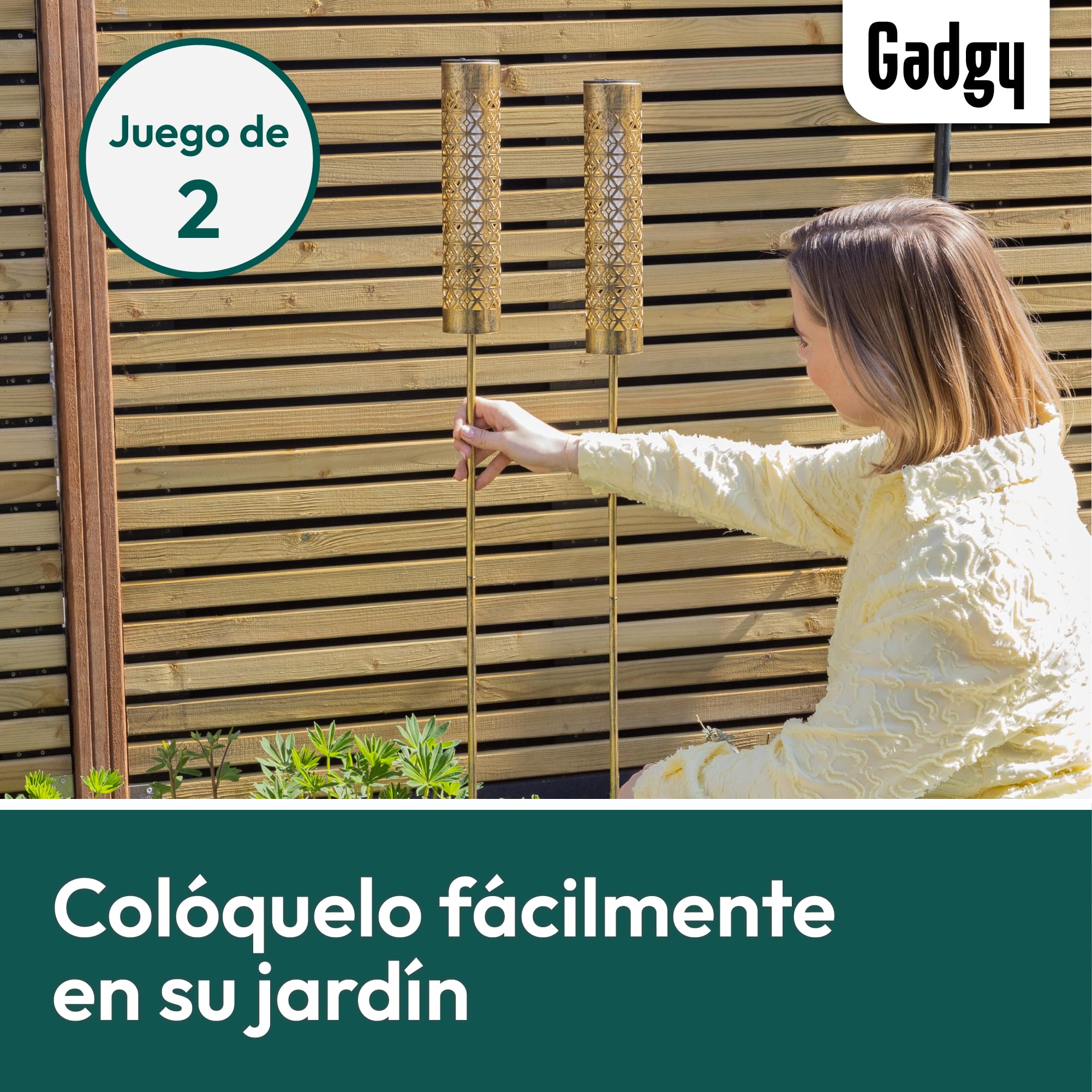 Gadgy Antorchas Solares LED con Efecto Llama en Movimiento – Set de 2 Luces Solares de Jardín de Metal – Iluminación Solar para Exterior, Jardín, Terraza o Balcón