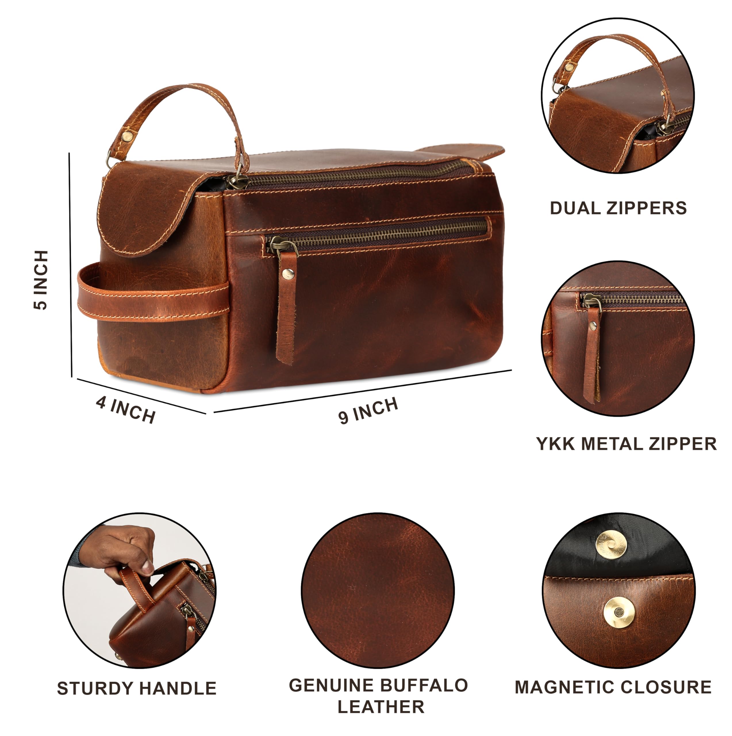 KomalC Neceser de piel de búfalo de alta calidad para hombres y mujeres con forro resistente al agua, bolsa de viaje de aseo, bolsa de aseo unisex para artículos de tocador, regalos para hombres y