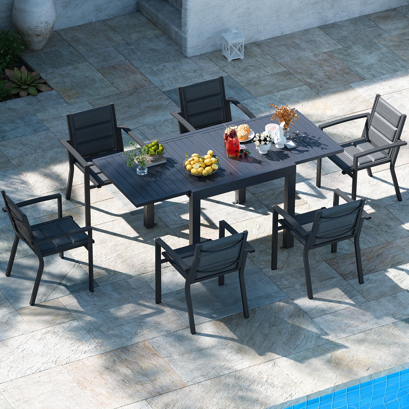 TRIUMPHKEY Salon de Jardin Extérieur 6 Personnes en Aluminium - Table Extensible (80-160 cm) & 6 Chaises Stapelables - Ensemble Terrasse et Jardin, Gris foncé
