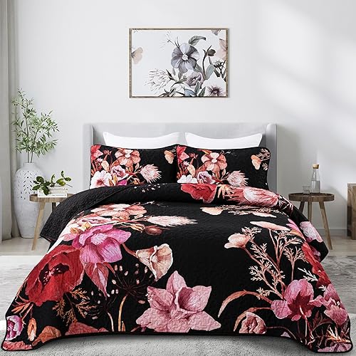 Miniatura 8 de Juego de edredón floral de 2 piezas tamaño individual, juego de edredón floral azul bohemio, de microfibra suave, ligera, color gris, colcha