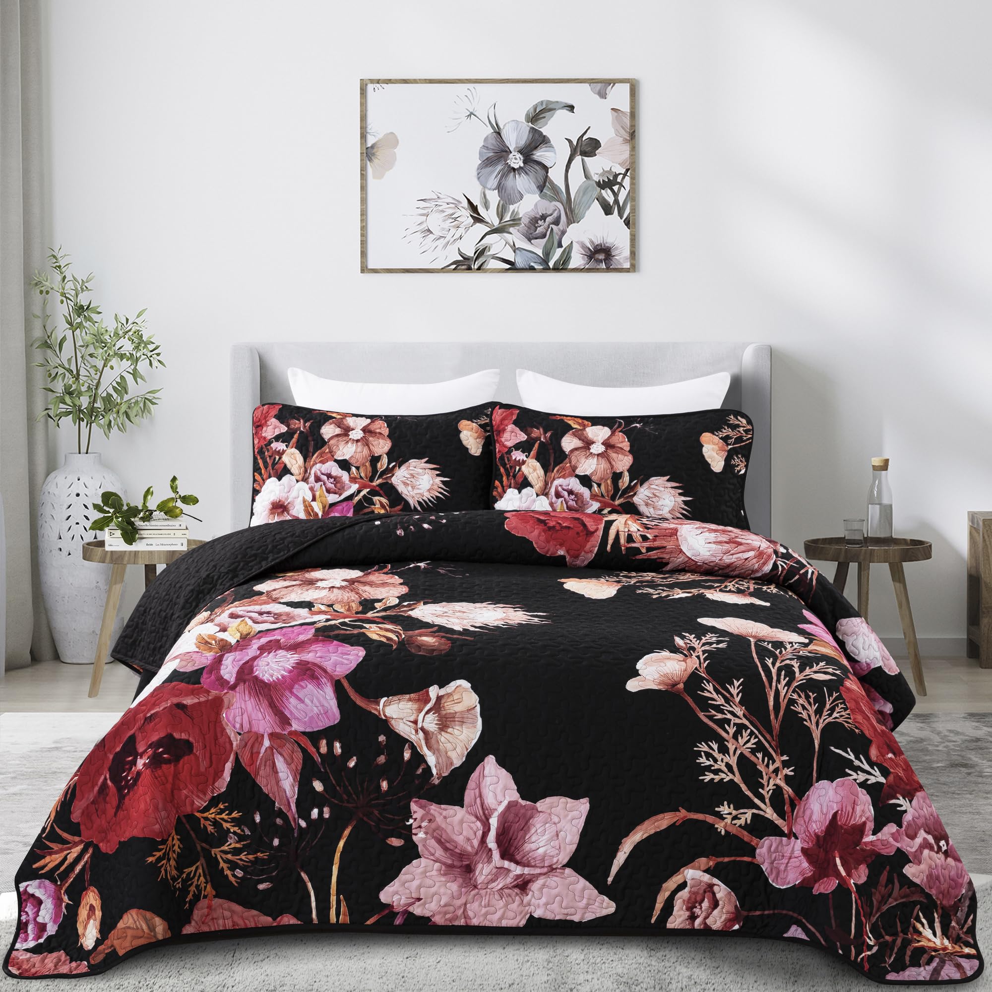 Drucon Floral Quilt Set King 3 Pieces Red Floral Quilt Coverlet Set Soft Microfiber Lightweight Black Quilted Bedspread for All Season 104"x90"