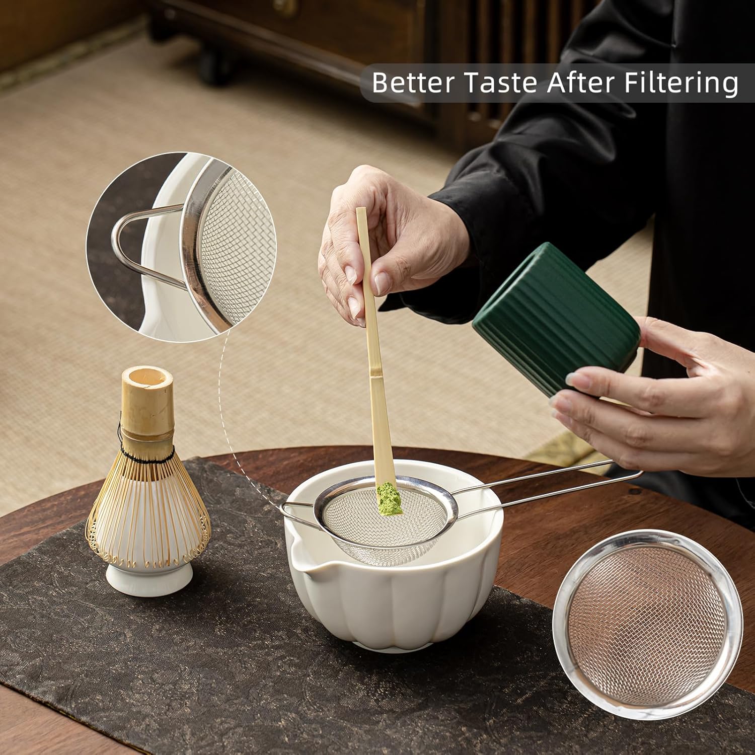 Matcha Whisk Set, Matcha Set Includes Ceramic Matcha Bowl, Bamboo Whisk, Scoop, Chasen Holder, Sifter, 5 Pcs Perfect Matcha Kit for Macha Lover (Pearl White) - Image 2