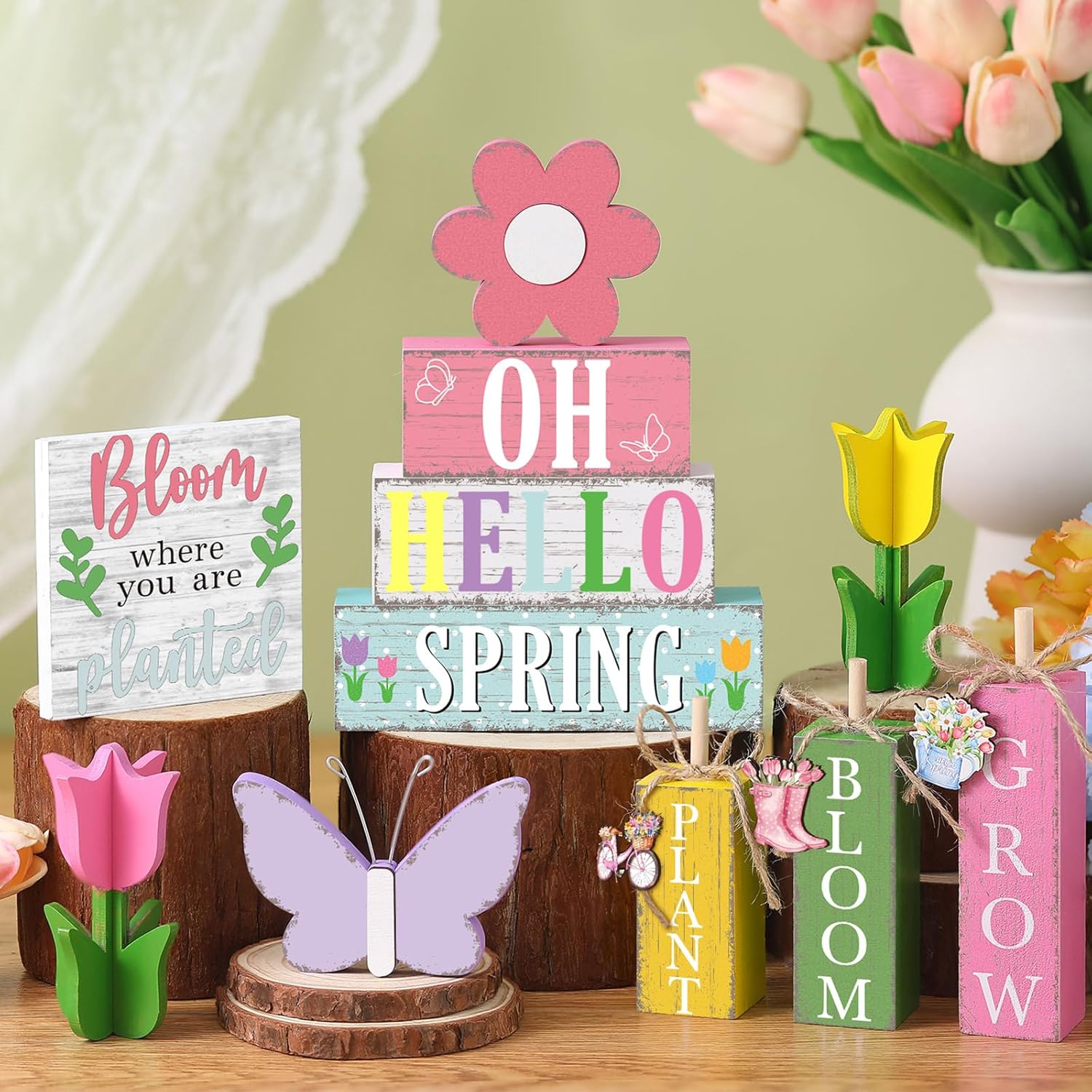 Vercraft 11 Pcs Spring Table Decorations Tulips Tiered Tray Decor Butterflies Home Centerpiece Decorative Wood Books Table Top Decor Flower Wooden Sign for Party Supplies