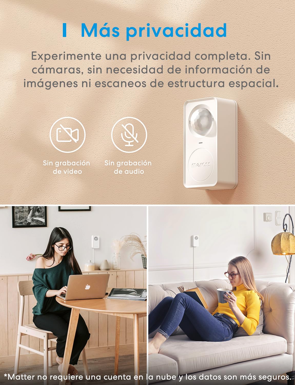 Meross Detector de Presencia MS600, Sensor de Presencia de Radar Ondas Milimétricas+PIR, Soporta Matter, HomeKit, Alexa, Google Home y Home Assistant, No Requiere Hub