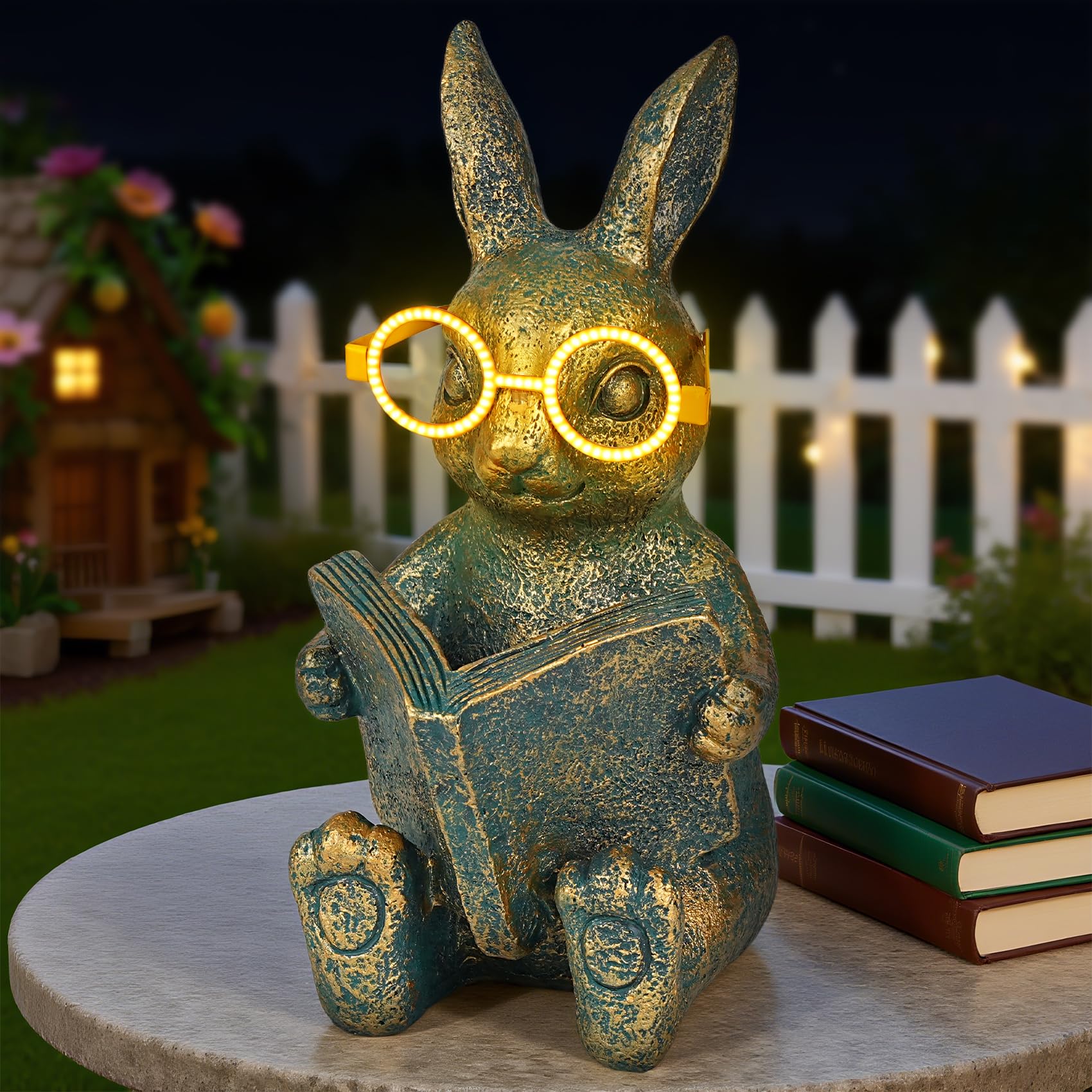 Statue lapin avec lunettes lumière extérieure sans fil étanche cour