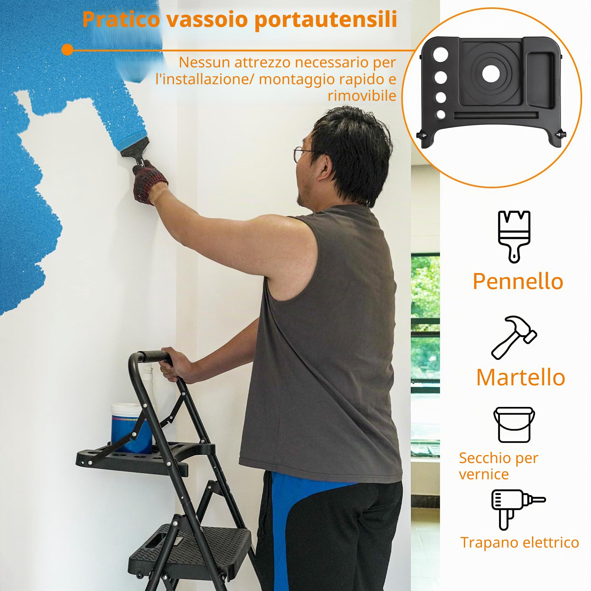 BONTEC Scala 4 gradini, sgabello pieghevole con piattaforma per attrezzi, ampi pedali antiscivolo, scala robusta in acciaio resistente da 150 kg, comoda impugnatura, sgabello portatile in acciaio