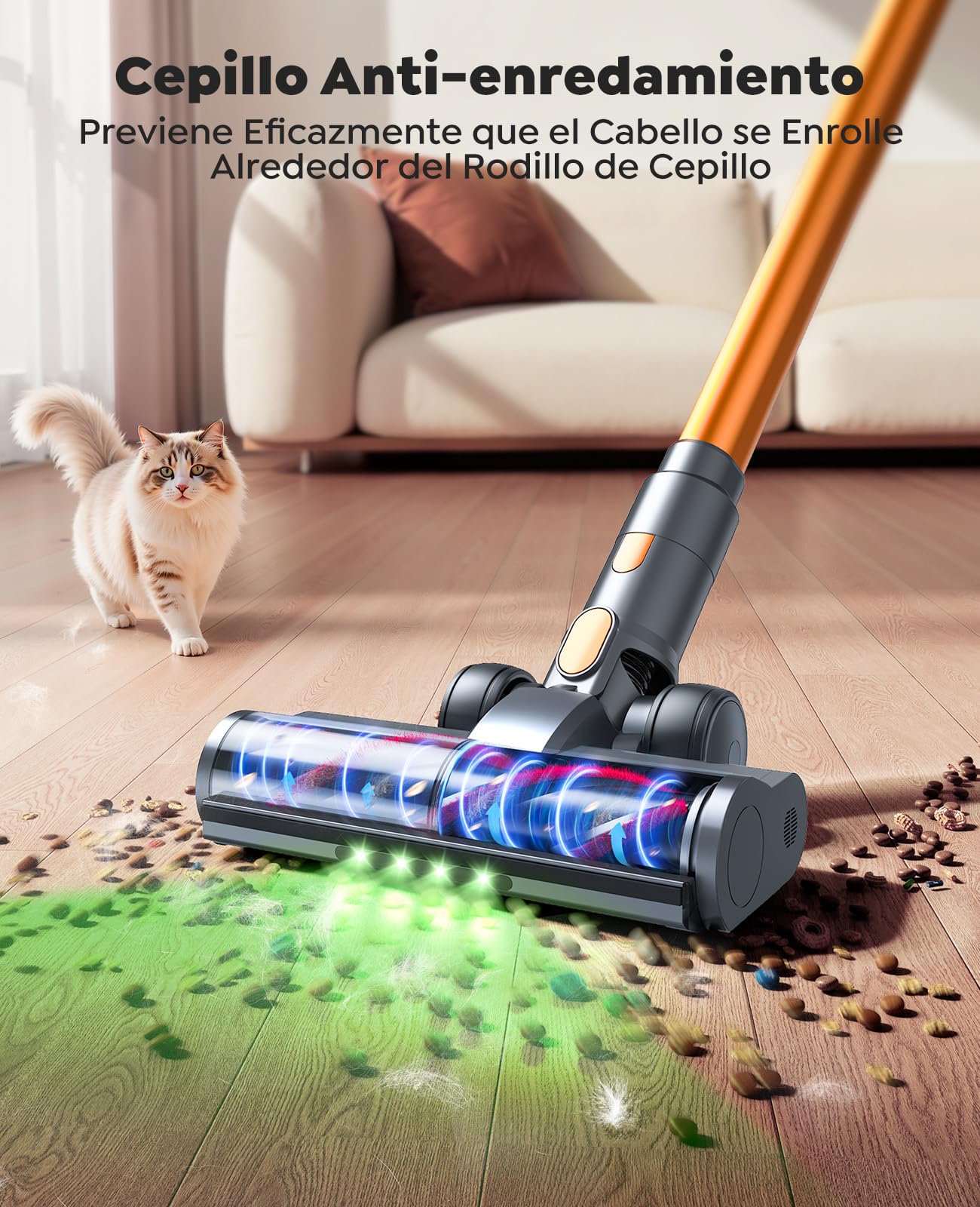 50KPA/600W Aspiradora sin Cable Potente, 65Min(ECO) Aspirador Escoba Vertical con Modo Automático, Cepillo Anti-Enredo, Manguera de 1M y Luz LED, Ideal para Pelo de Mascotas, Alfombras y Coche