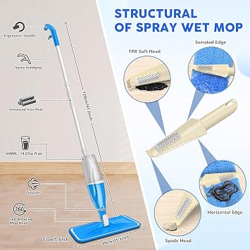 Spray Mops with 4x Washable Reusable Microfibre Pads for Cleaning Floors | Flat Floor Mop Commercial Dust Wet Mop, 360° Swivel Head, 1 Refillable Bottle, for Tile Vinyl Laminate Wood Ceramic Hardwood