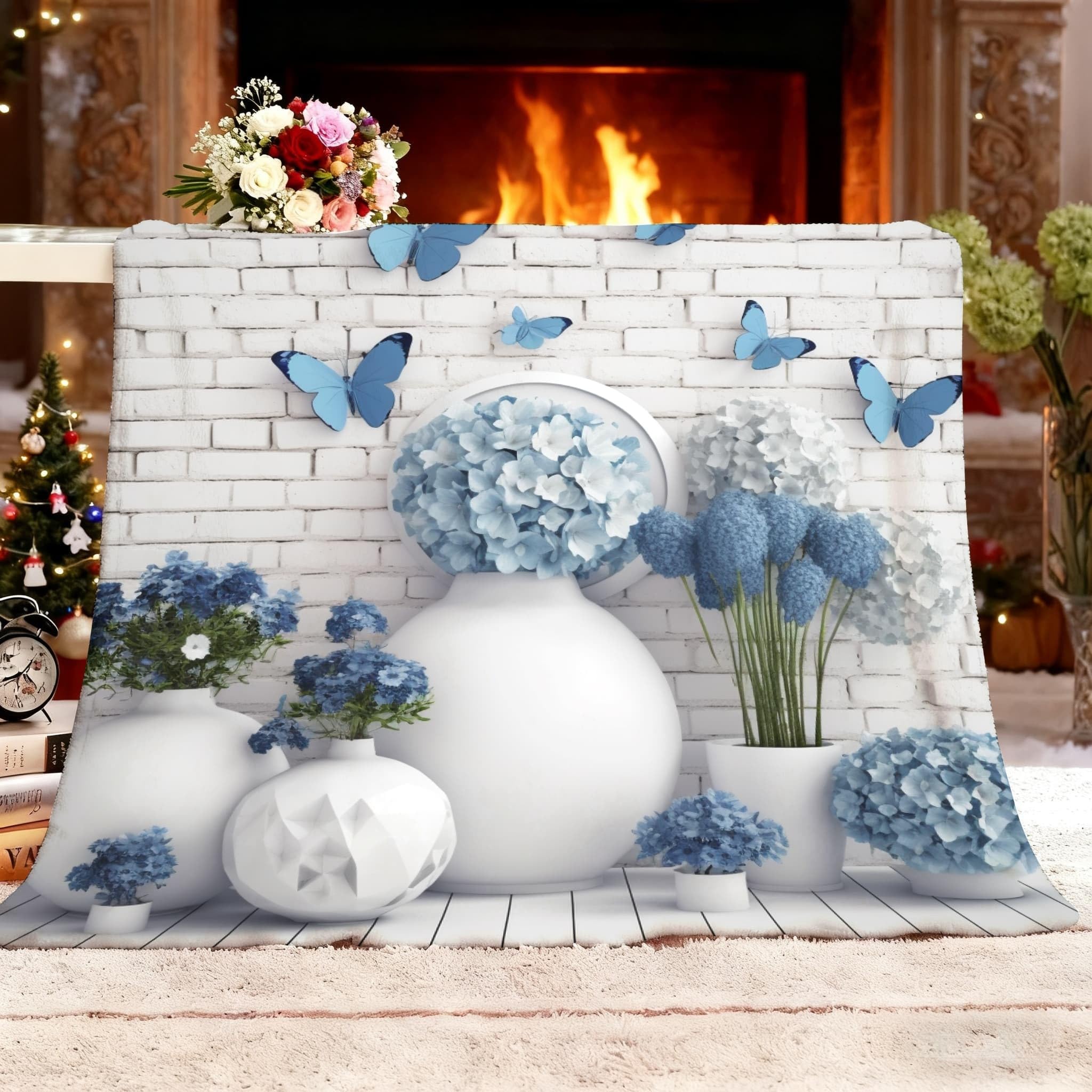 Genérico Regalo Manta XXL 180x200cm Plantas, Mariposas, Flores Suave y Cálida de Franela de Forro Polar Mantas Blanco Fácil de Cuidar Manta Térmica para Cubre Sofa Colchas