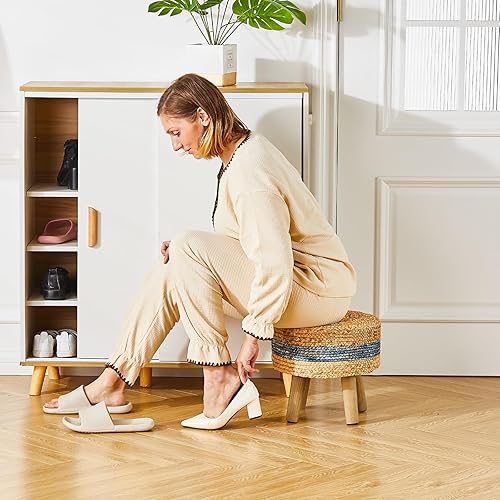 Miniatura 6 de Cpintltr Reposapiés redondo otomano natural de algas marinas tejidas a mano, pufs de jacinto de agua, ecológico, taburete suave, reposapiés