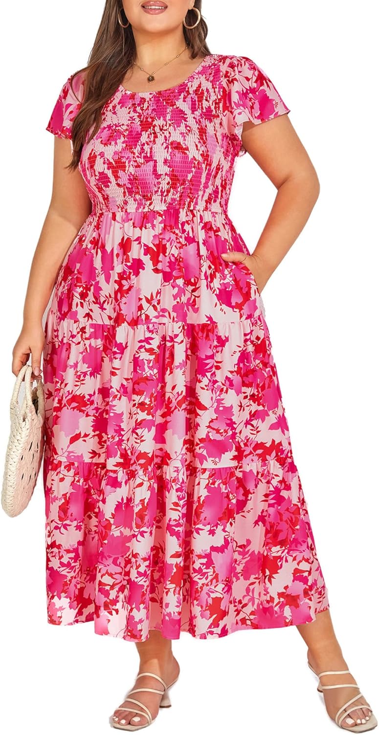 KIMCURVY Women's Plus Size Summer Casual Dress Crew Neck Flutter Short Sleeve Smocked Tiered Maxi Dress with Pockets
