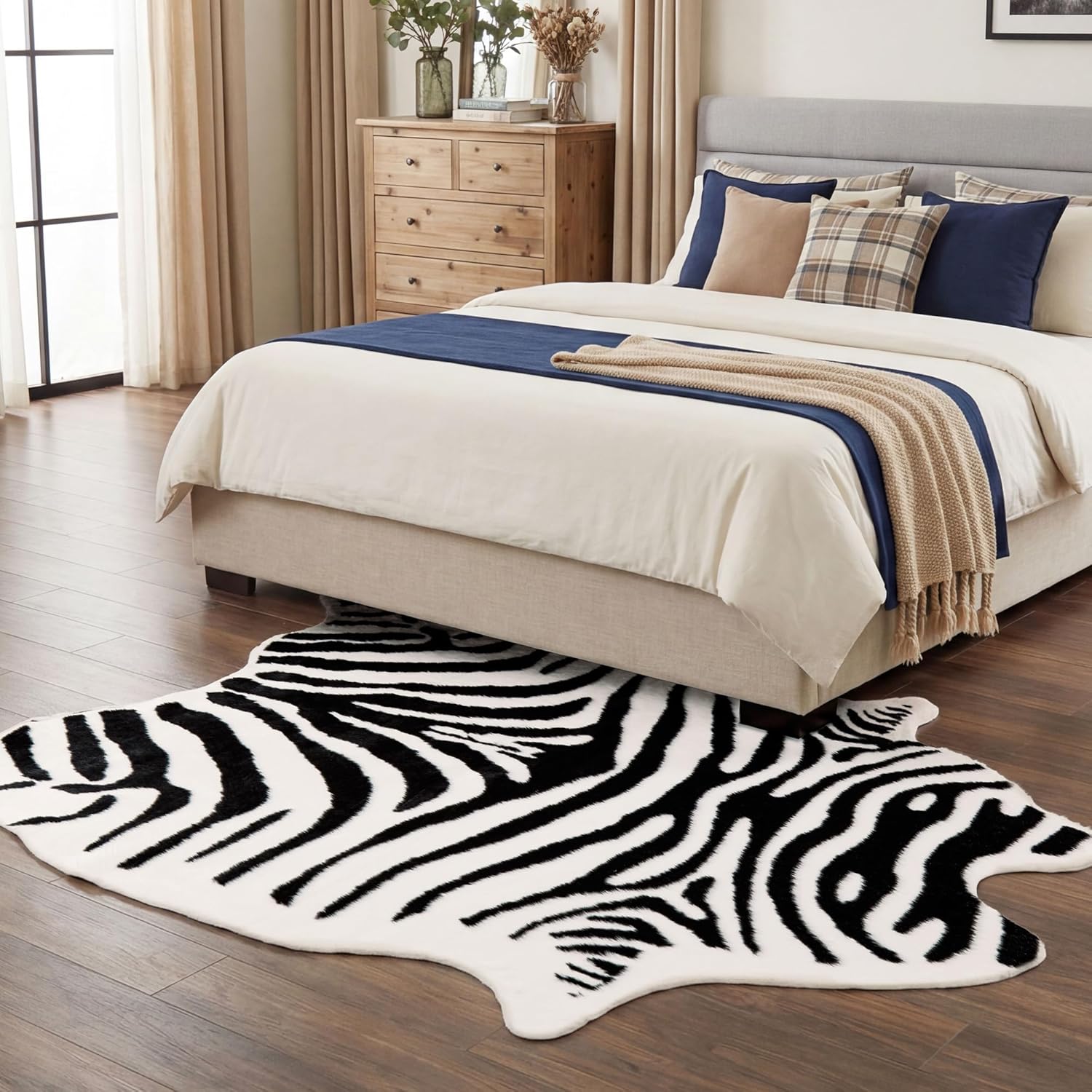 JONIYEAR Large Durable Faux Zebrahide Area Rug 4.9 x 6.56 Feet, Premium Zebra Print Rug for Living Room Bedroom, Durable Faux Fur Animal Zebra Hide Carpet for Western Farmhouse Decor, Black and White