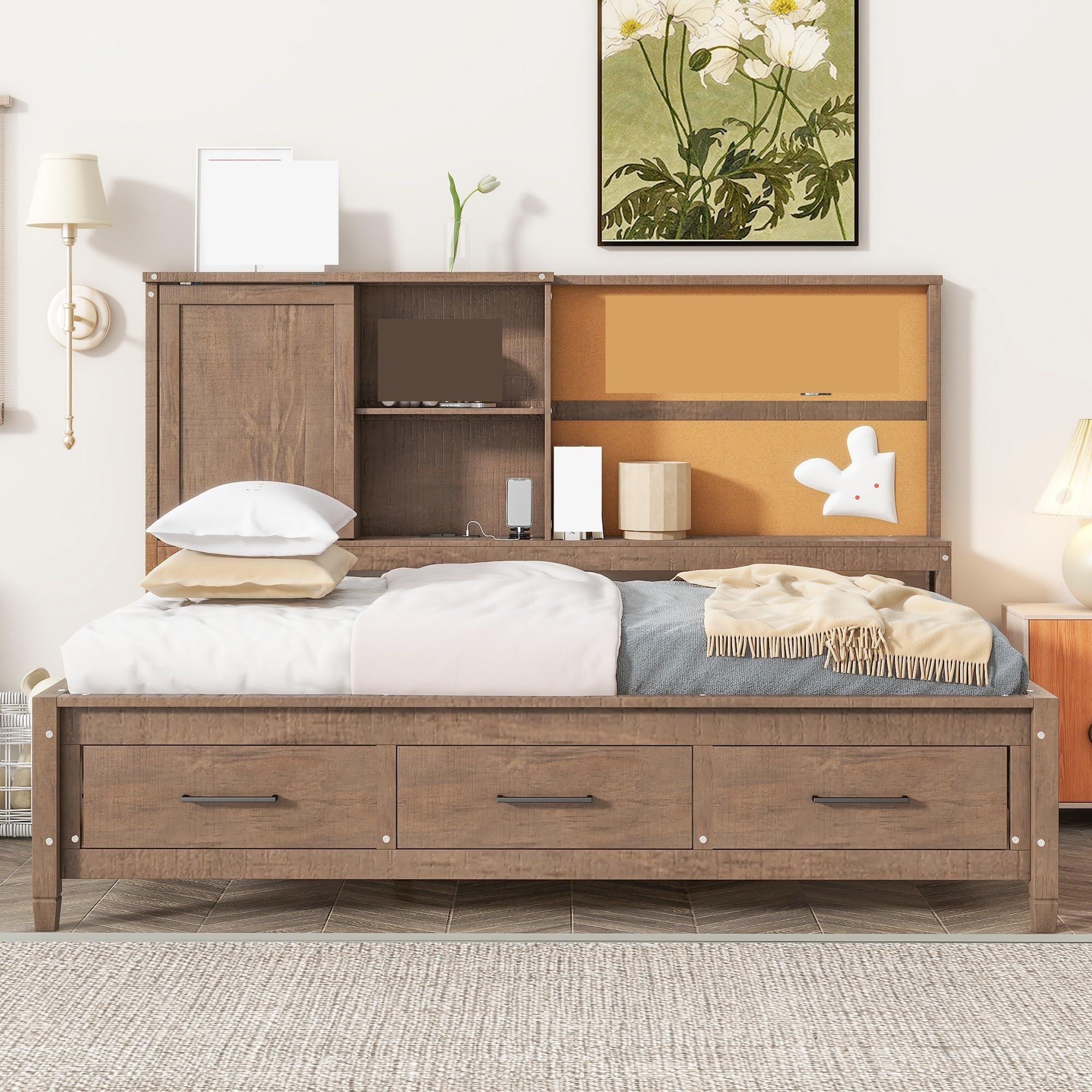 ( box 1 of 2 ) Twin Size Lounge Daybed with Storage Shelves, Cork Board, USB Ports and 3 Drawers, Antique Wood Color Bed Frame