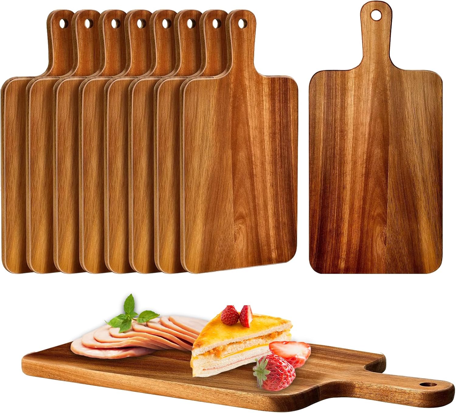 10 Pcs Wood Cutting Boards with Handle 15.4 x 7.3 Inch Acacia Wooden Serving Kitchen Chopping Boards for Pizza Bread Cheese Charcuterie Vegetables (Acacia)