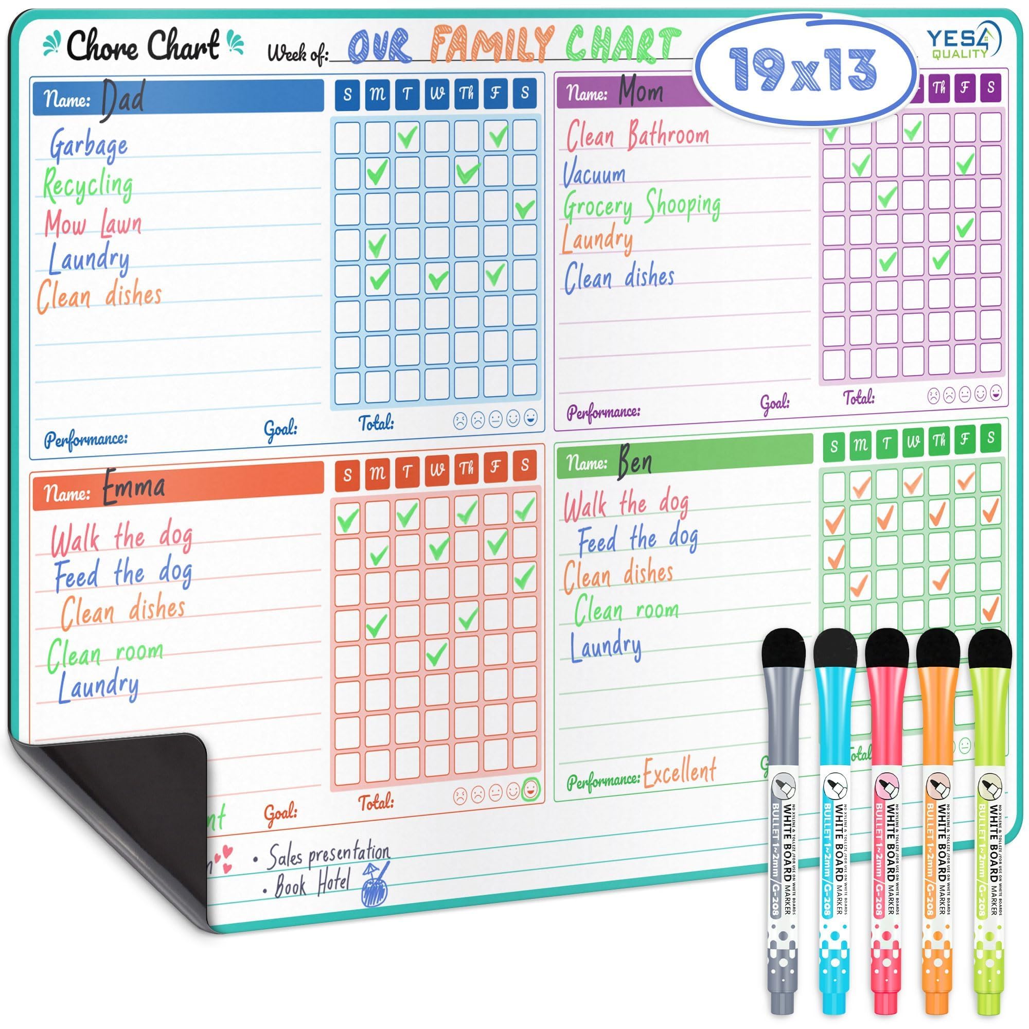 Yes4Quality Magnetic Dry Erase Chore Chart (19" x 13"), Behavior Chart for Multiple Kids, Family Weekly Chores Checklist, Stain Resistant Planner for